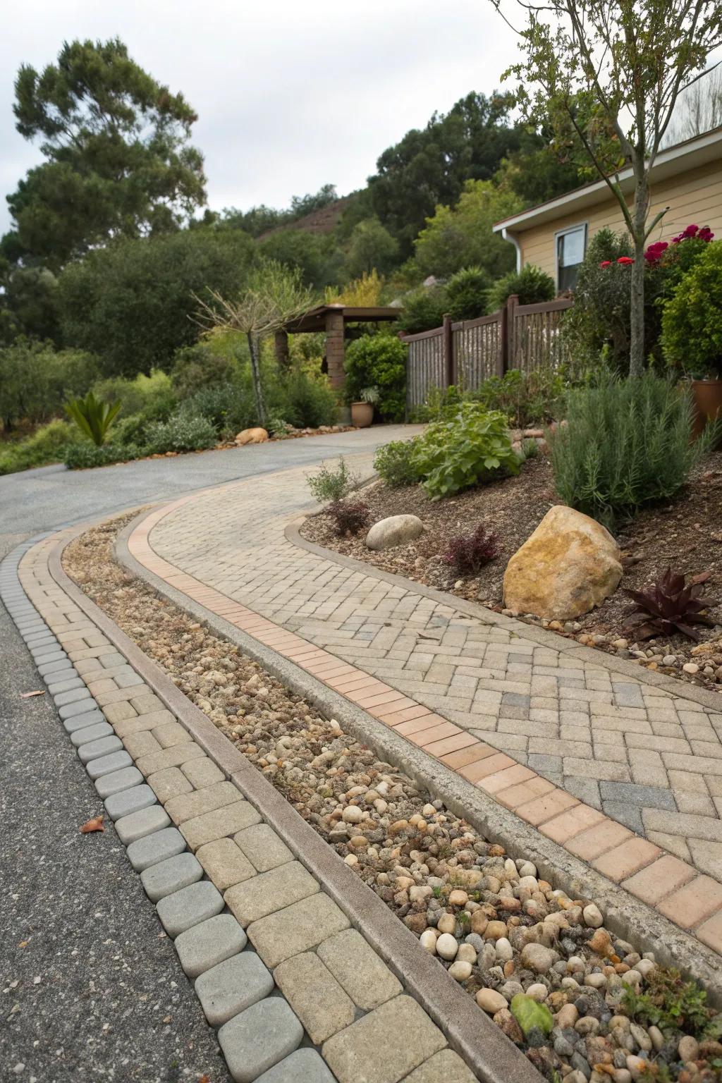A driveway that stands out with a mix of materials.