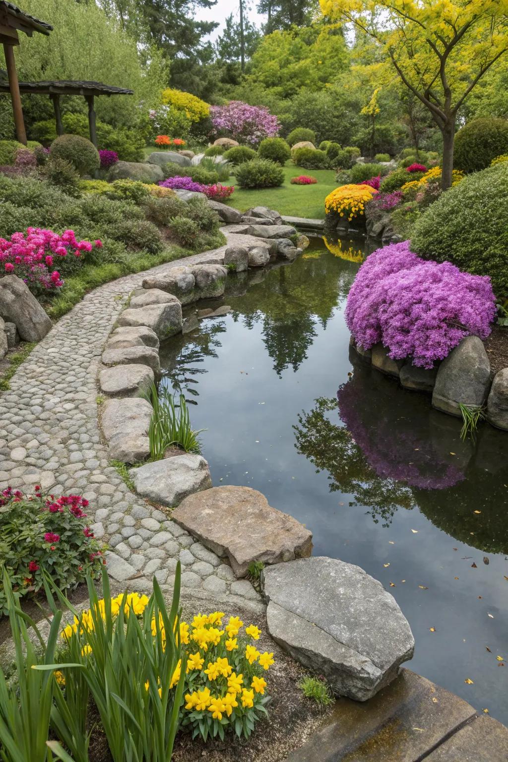 A tranquil garden with a small pond surrounded by natural stones.