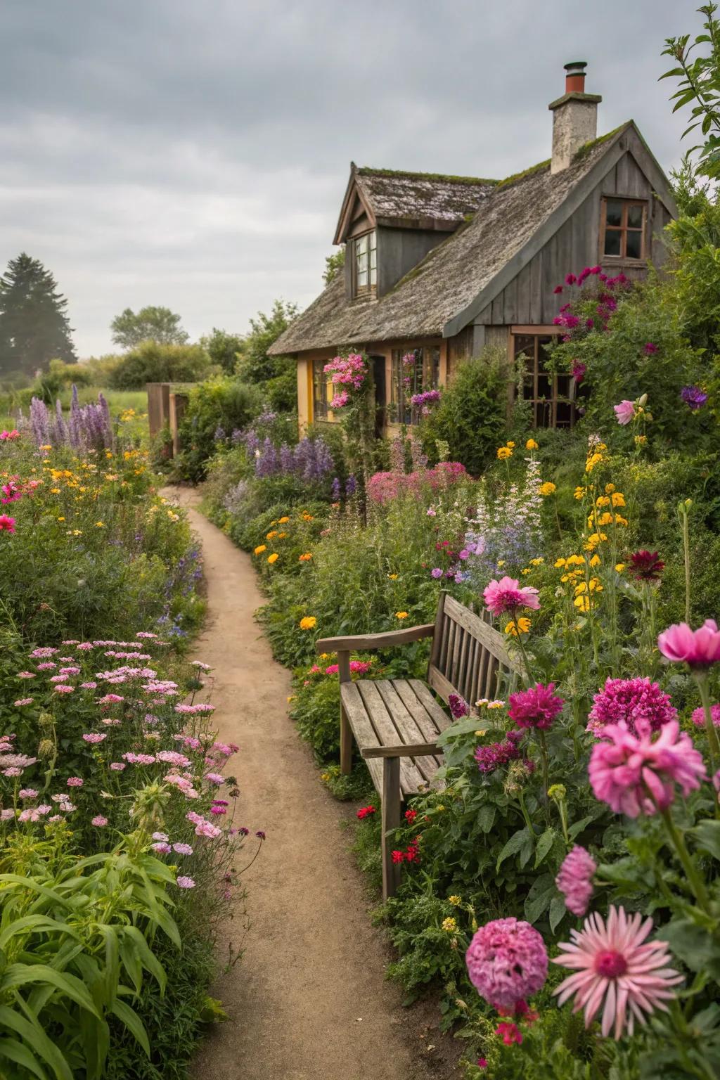 A fairy tale-like cottage garden with colorful, slightly wild blooms.