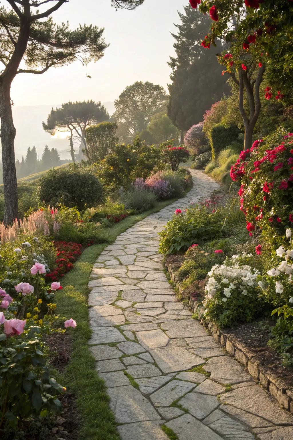 A charming stone pathway winding through a lush garden.