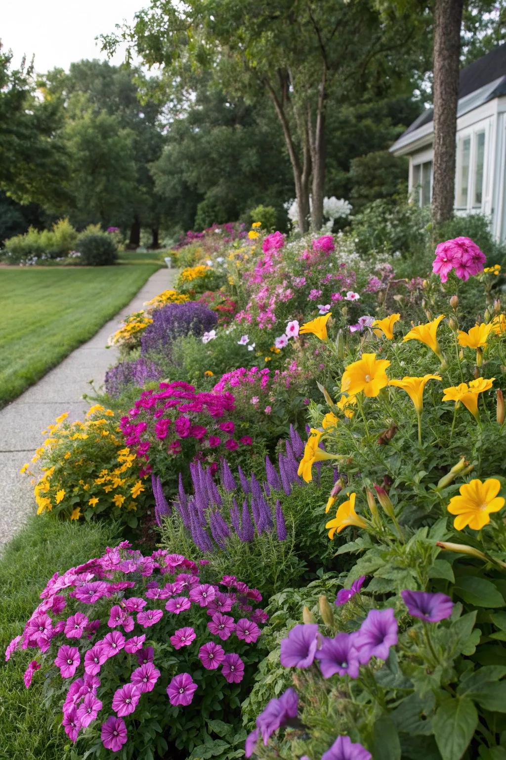 A vibrant mix of purple, pink, and yellow flowers in a colorful flower bed.