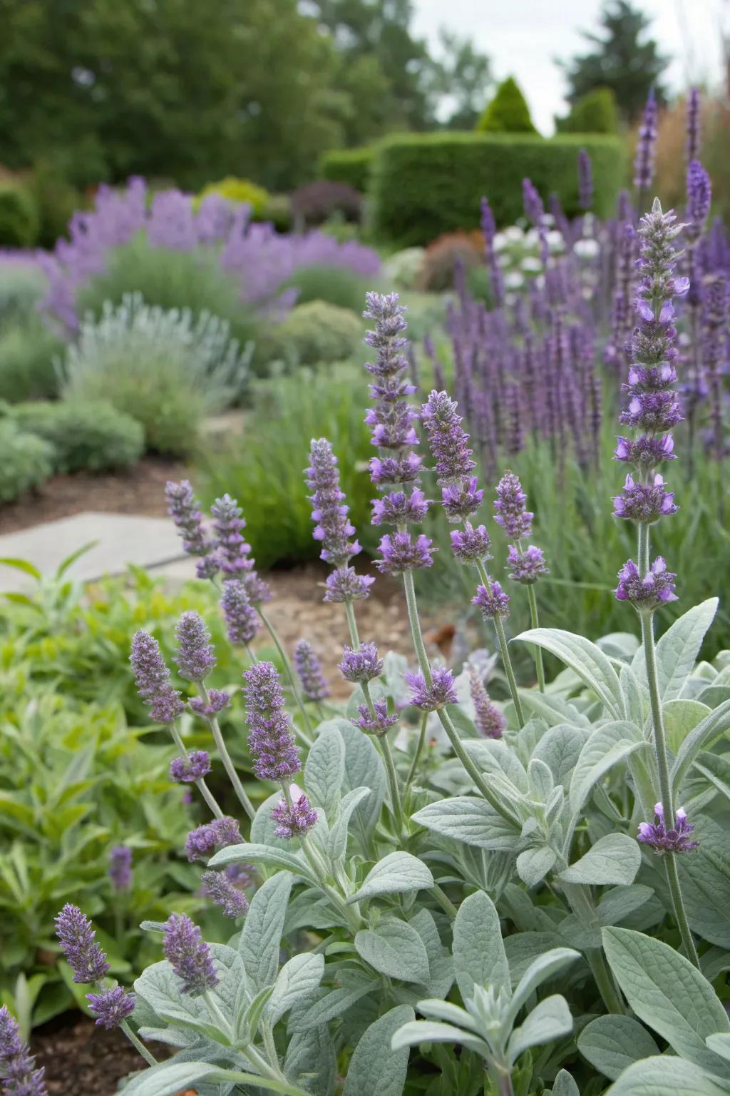 An interactive sensory garden with lavender and lamb's ear.