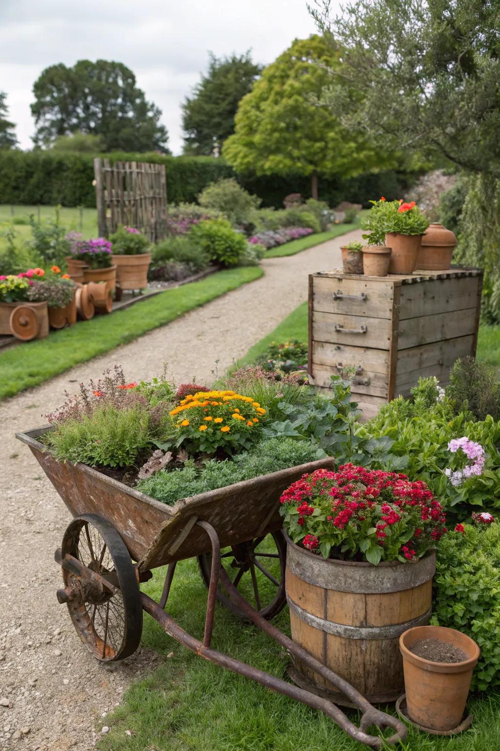 Quirky container gardens in a vintage wheelbarrow.