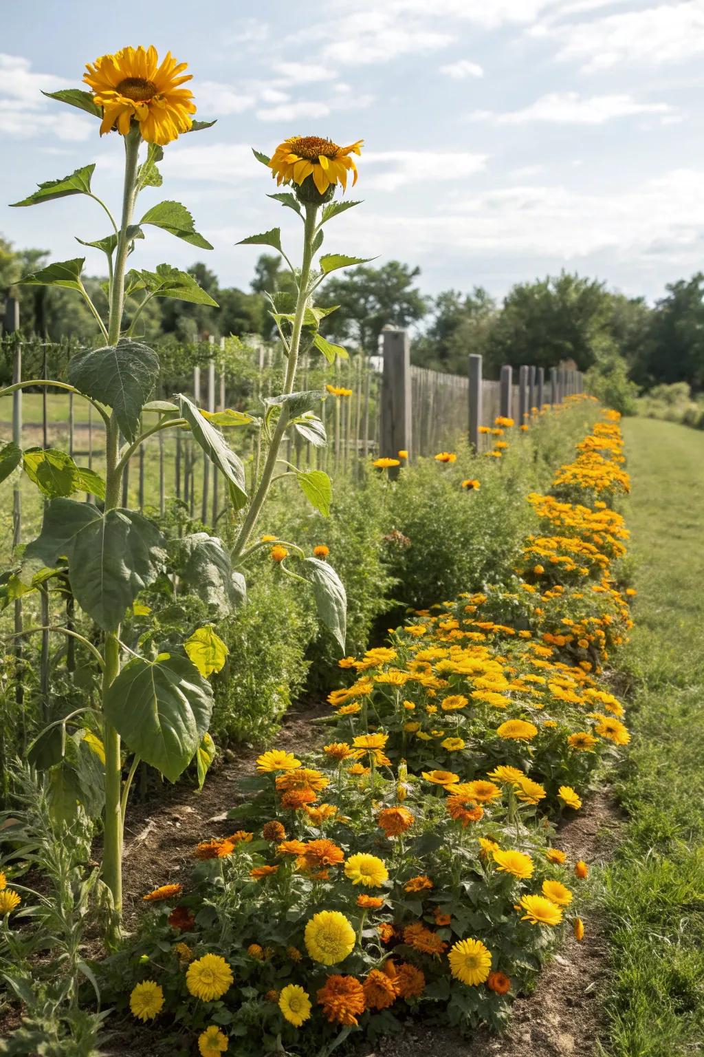 A dynamic garden with a mix of tall sunflowers and low-growing marigolds.