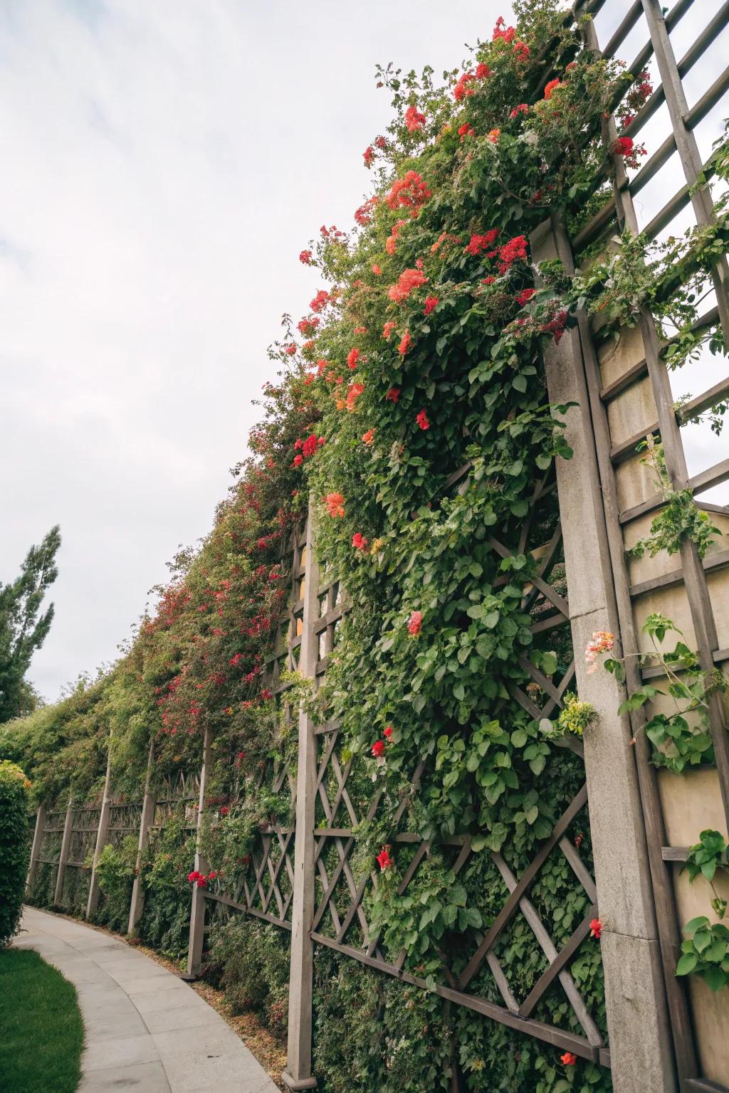 A striking vertical flower wall with climbing plants.