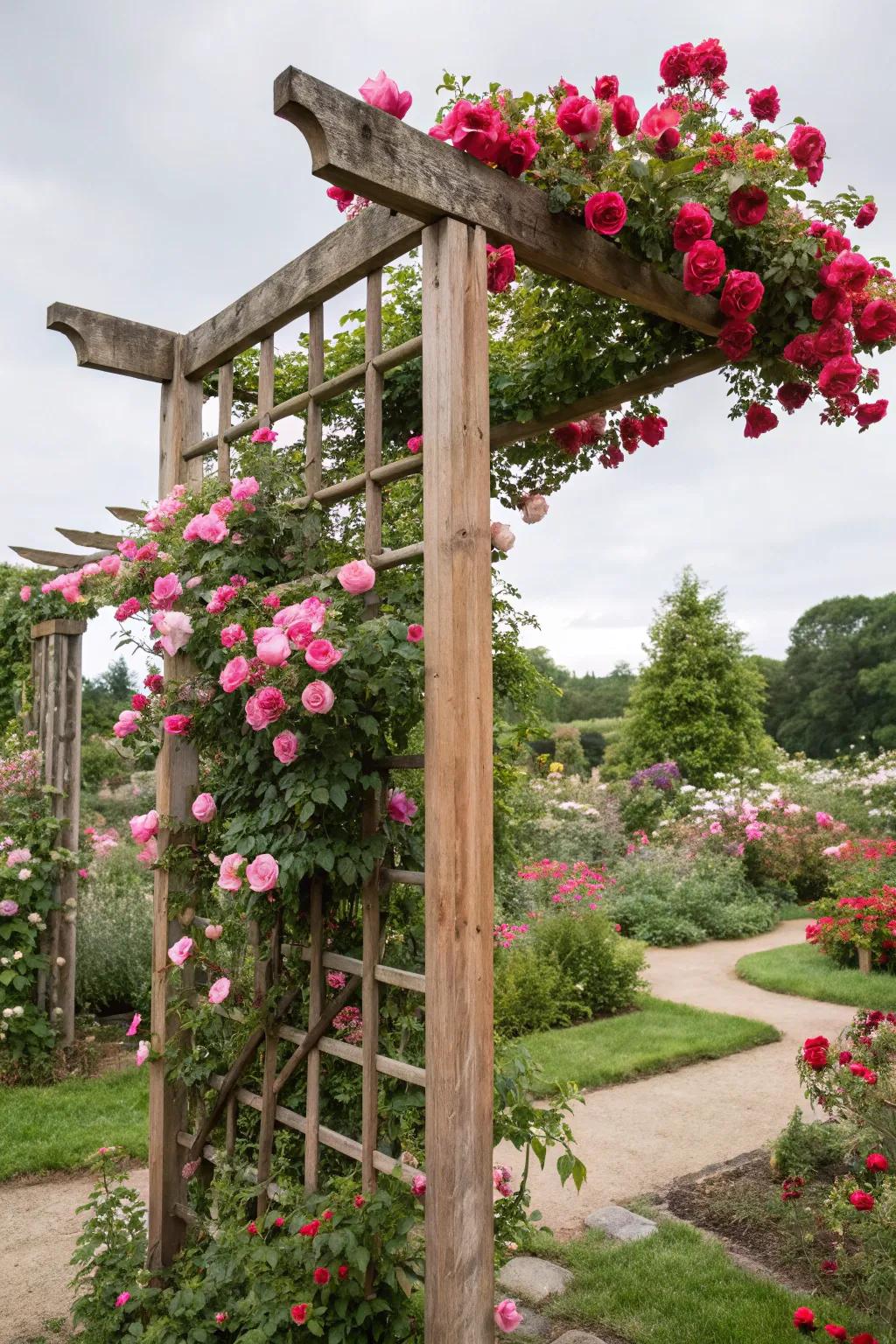 A wooden trellis adorned with climbing roses.