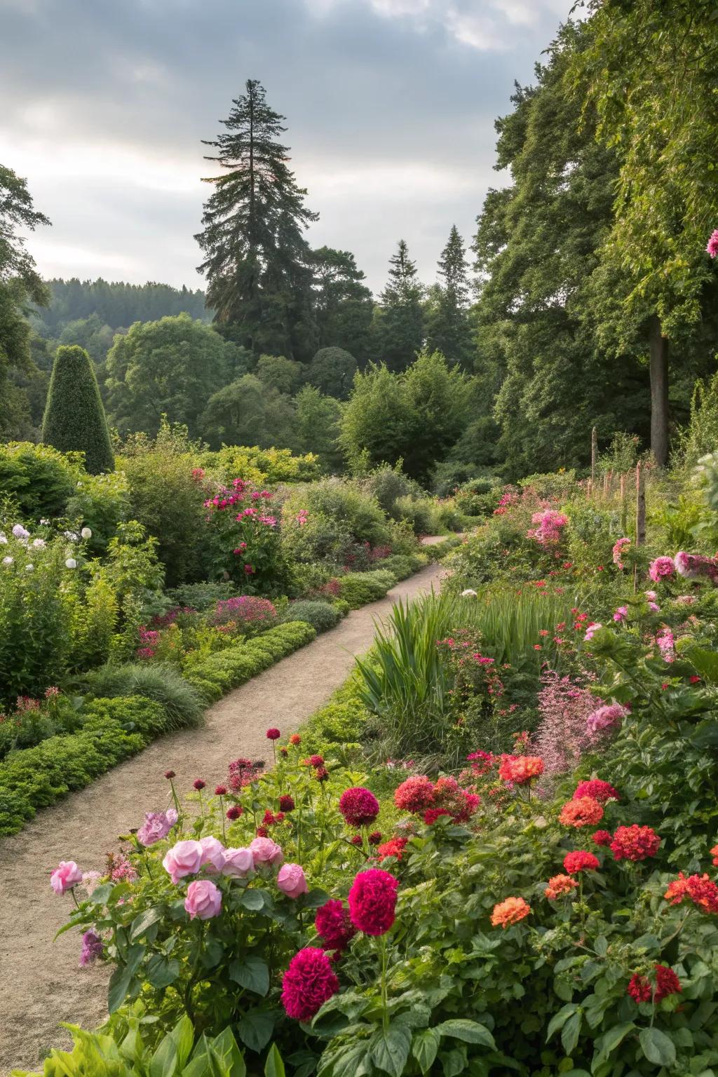 A lush garden with densely planted flowers creating a green sanctuary.