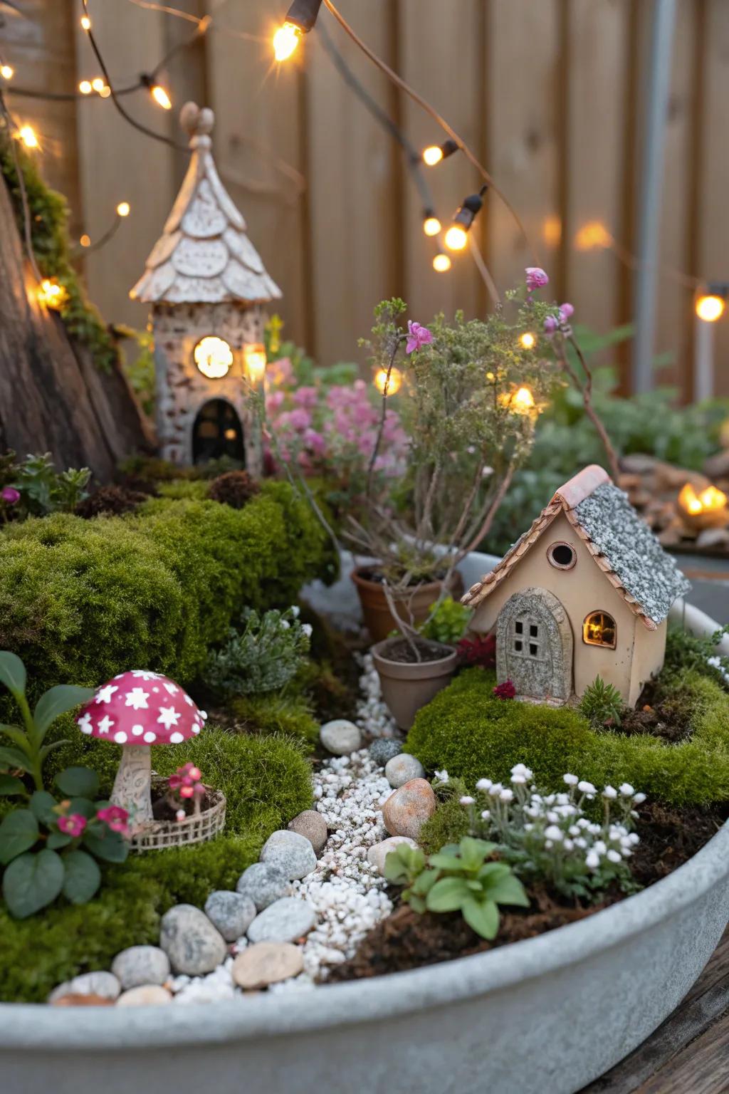 An enchanting fairy garden with tiny plants and whimsical details.