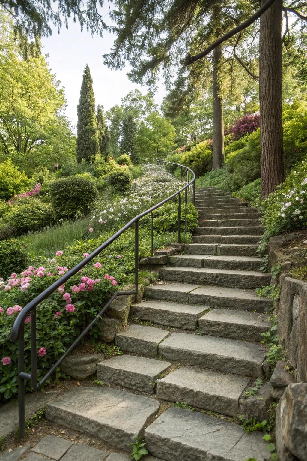 Stone and metal railings blend durability with style.