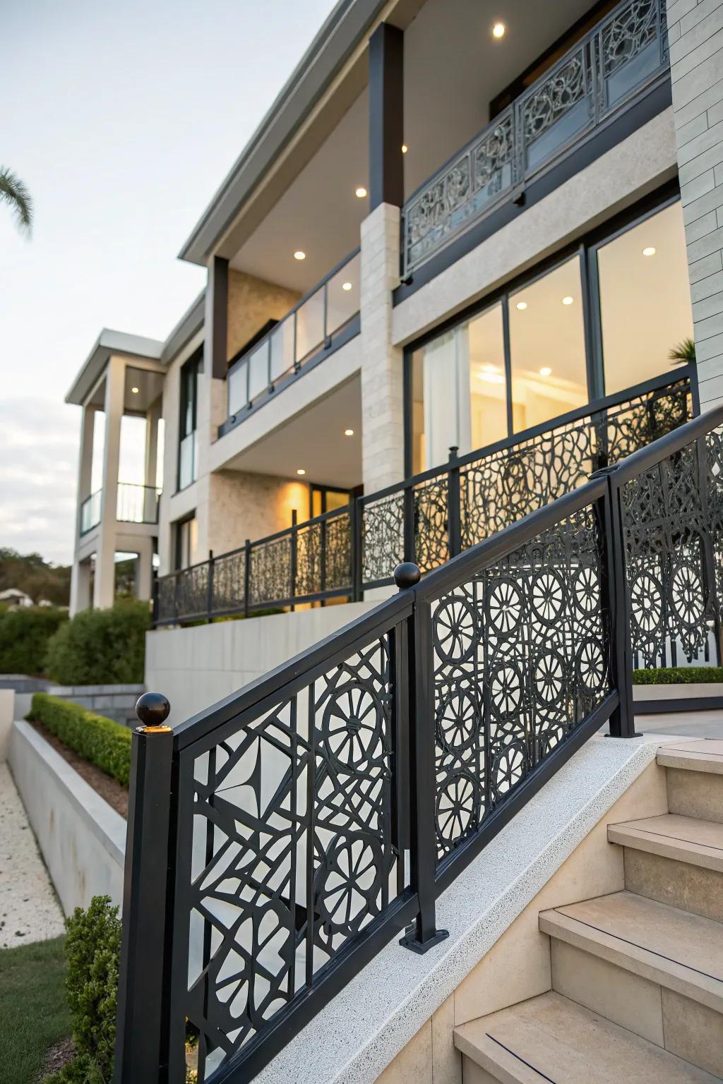 Geometric patterns add a modern twist to traditional railings.