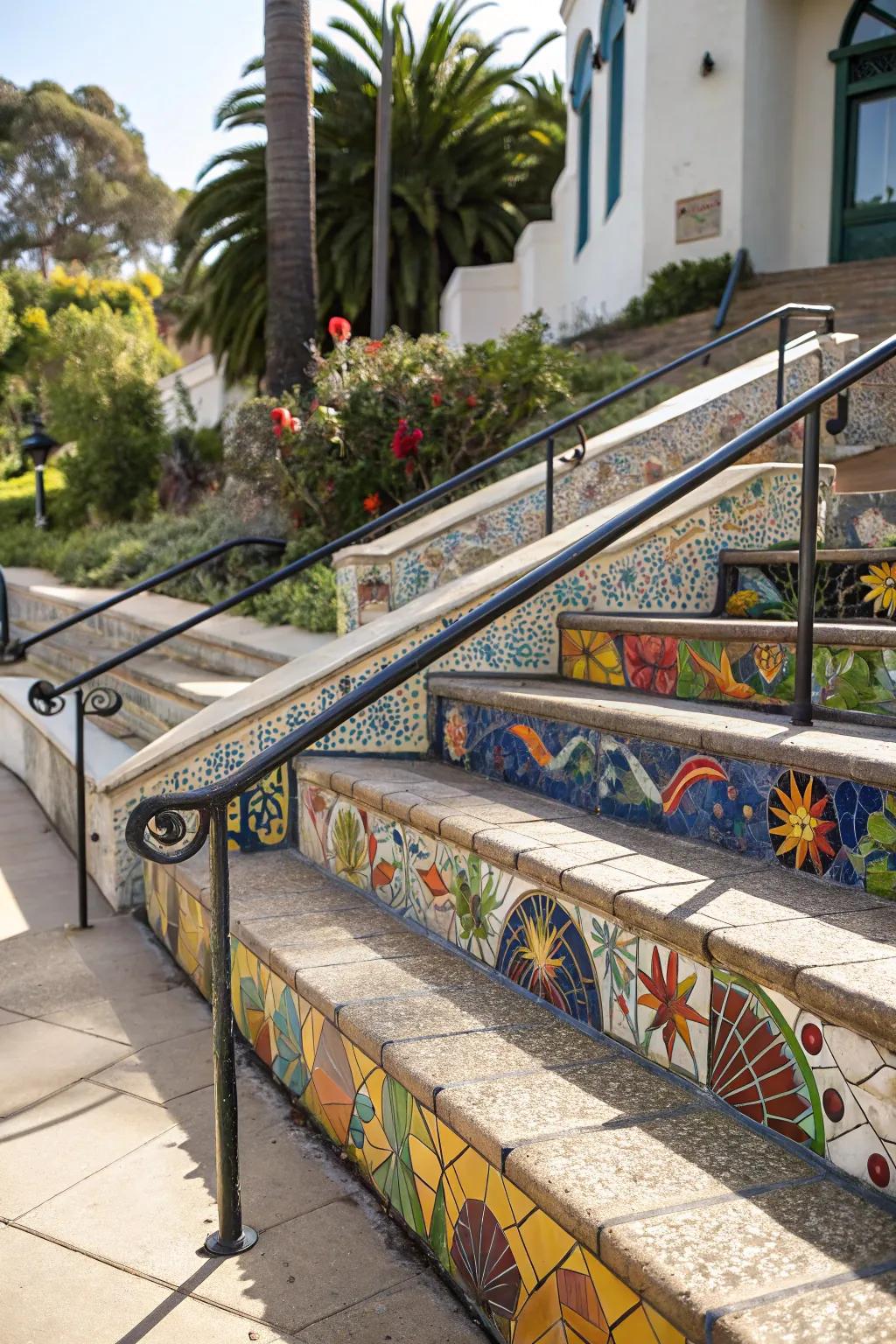 Mosaic railings transform steps into vibrant works of art.