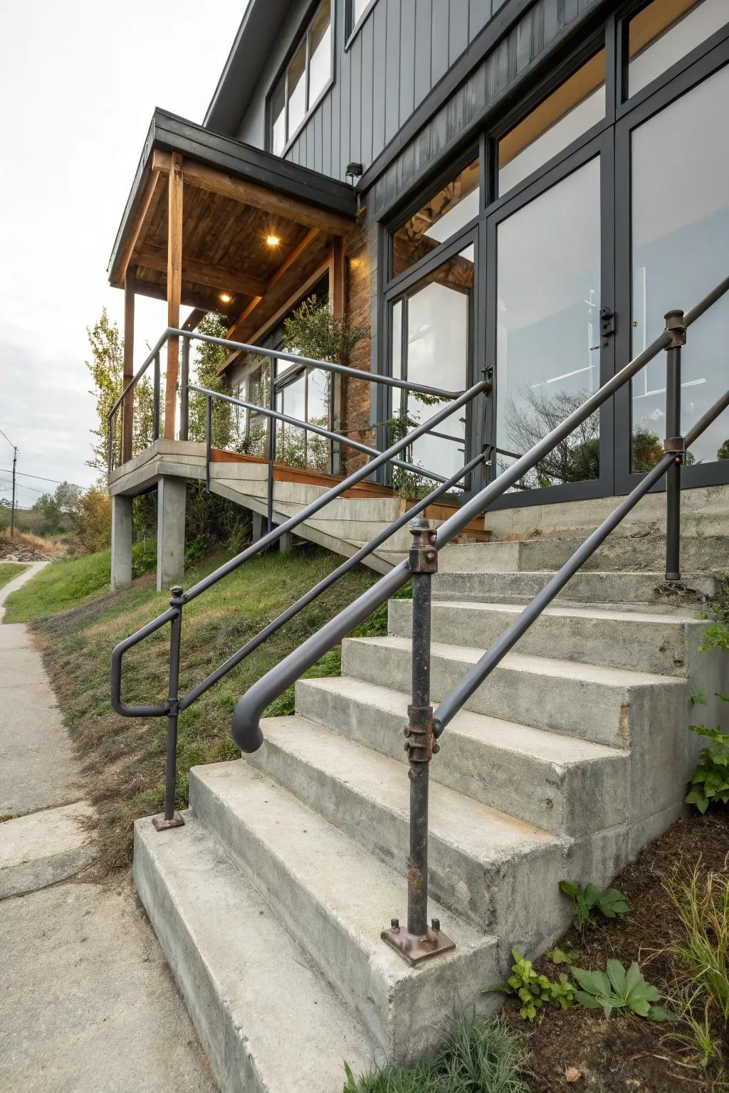 Industrial pipe railings add an urban edge to any entryway.