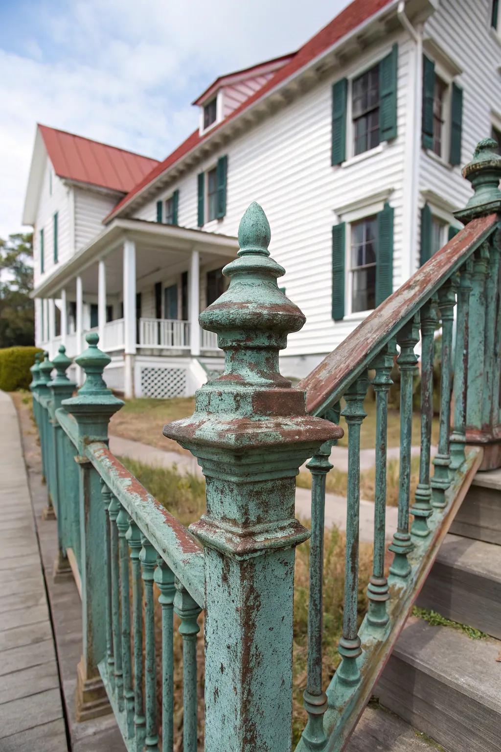 Weathered copper railings offer timeless elegance with a natural patina.