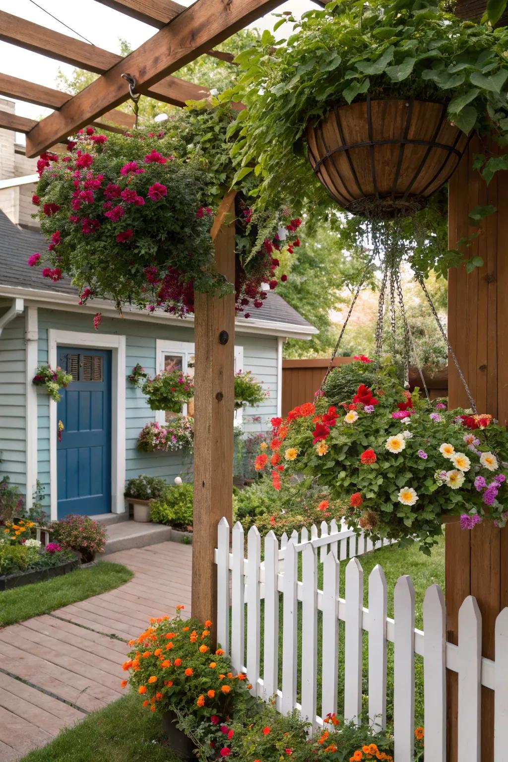 Hanging planters maximize space and add interest.