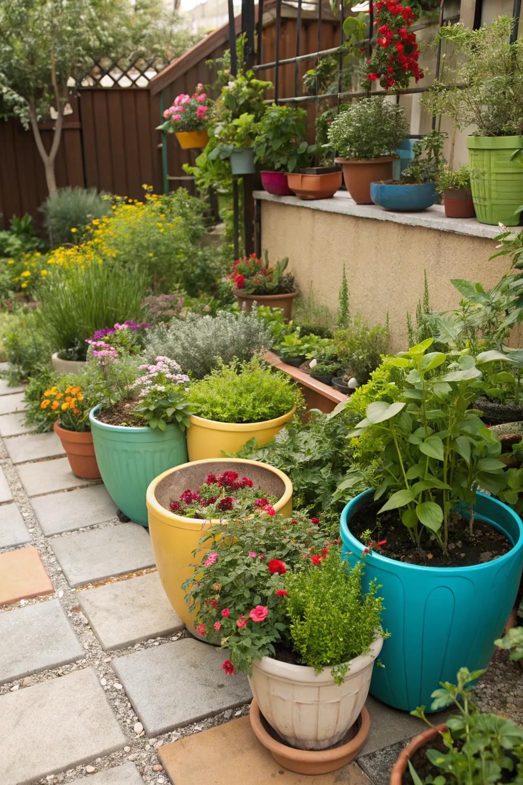 Container gardens add versatility and color.