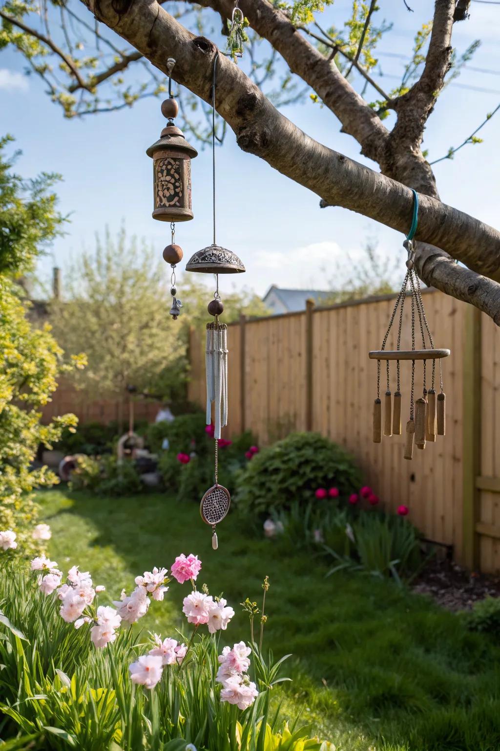Wind chimes add a soothing sound to garden spaces.