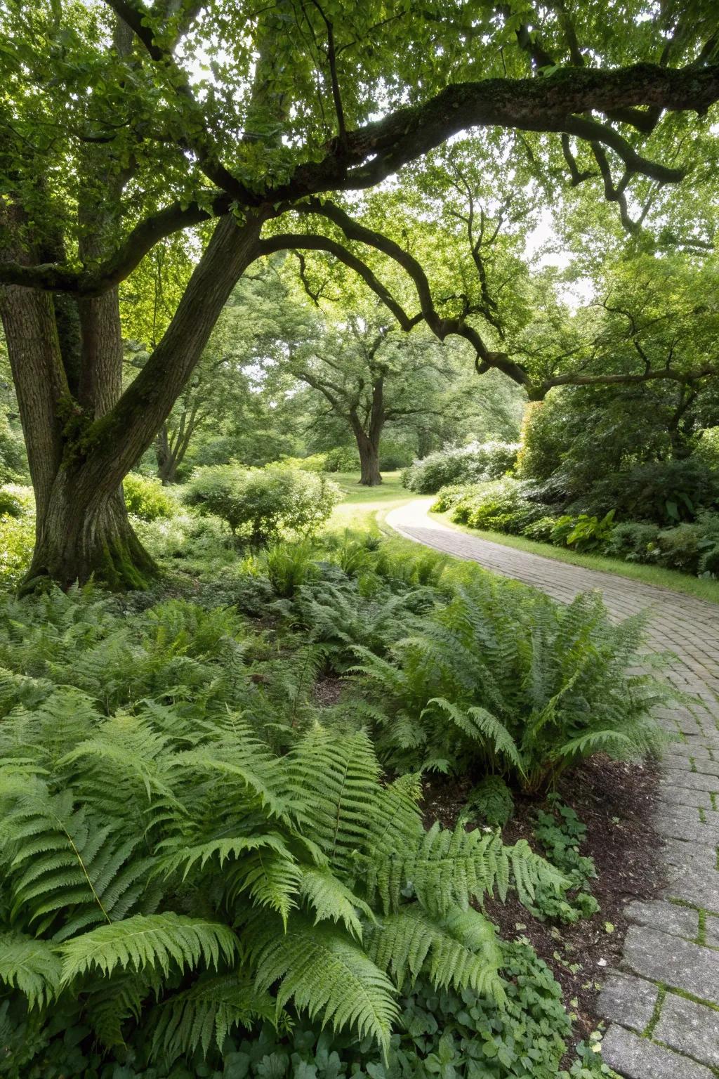 Soft, feathery ferns bring a woodland charm under the tree.