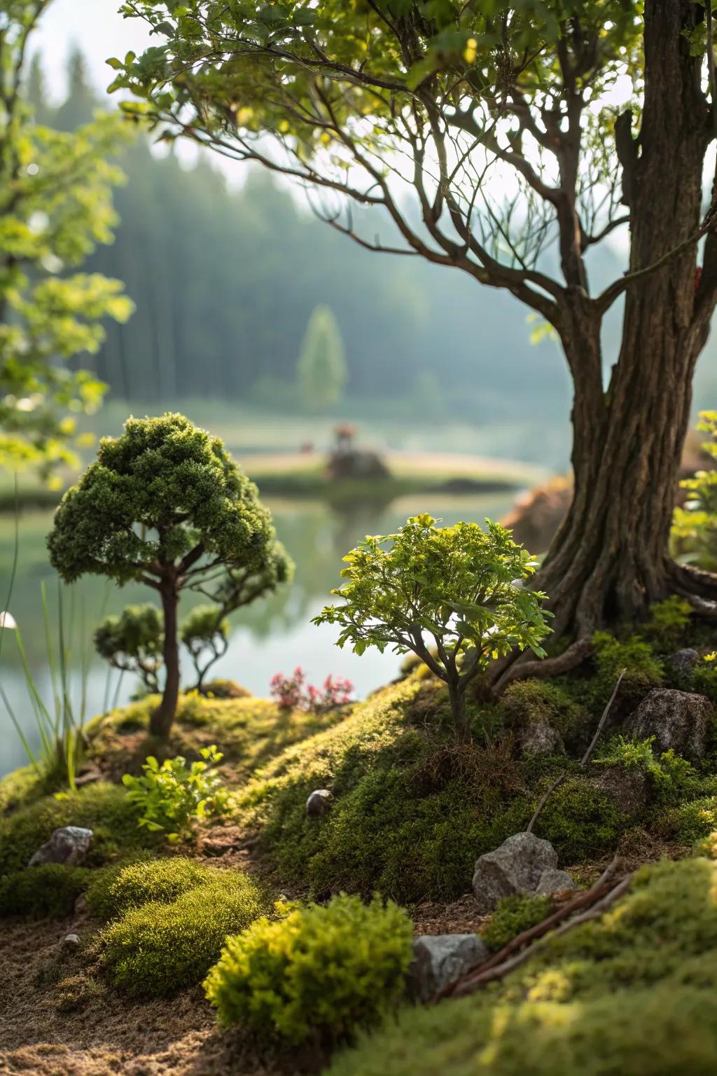 A miniature forest creates depth and whimsy under larger trees.