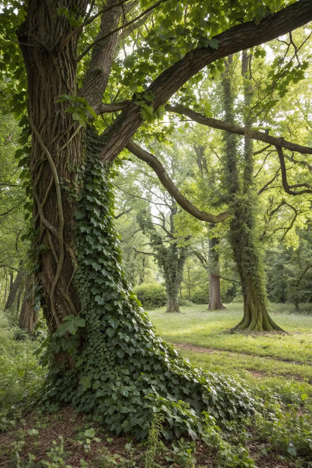 Vines add vertical interest and elegance under trees.