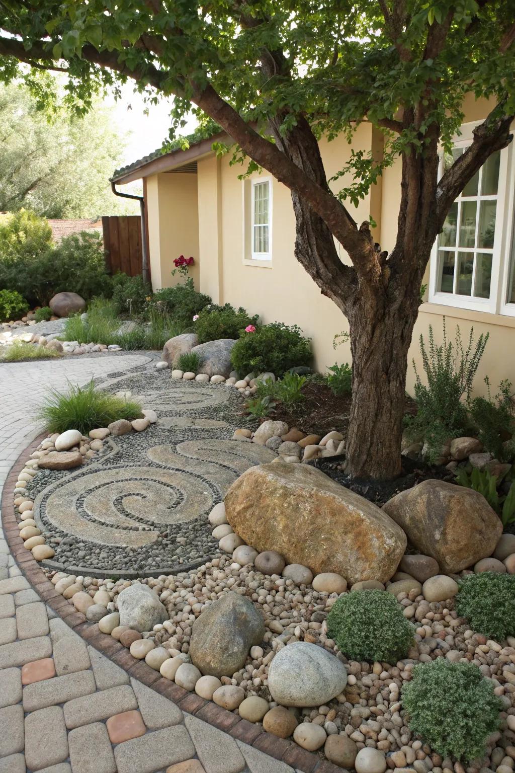 Decorative stones add texture and interest under trees.