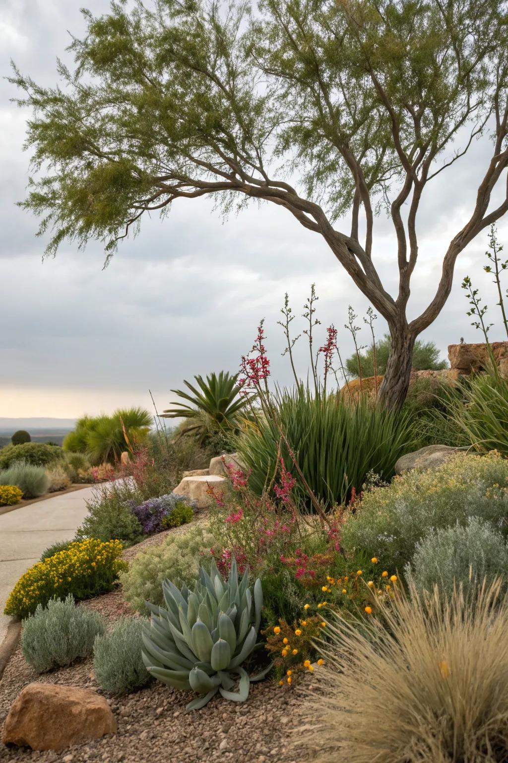Drought-tolerant plants offer sustainable beauty under trees.