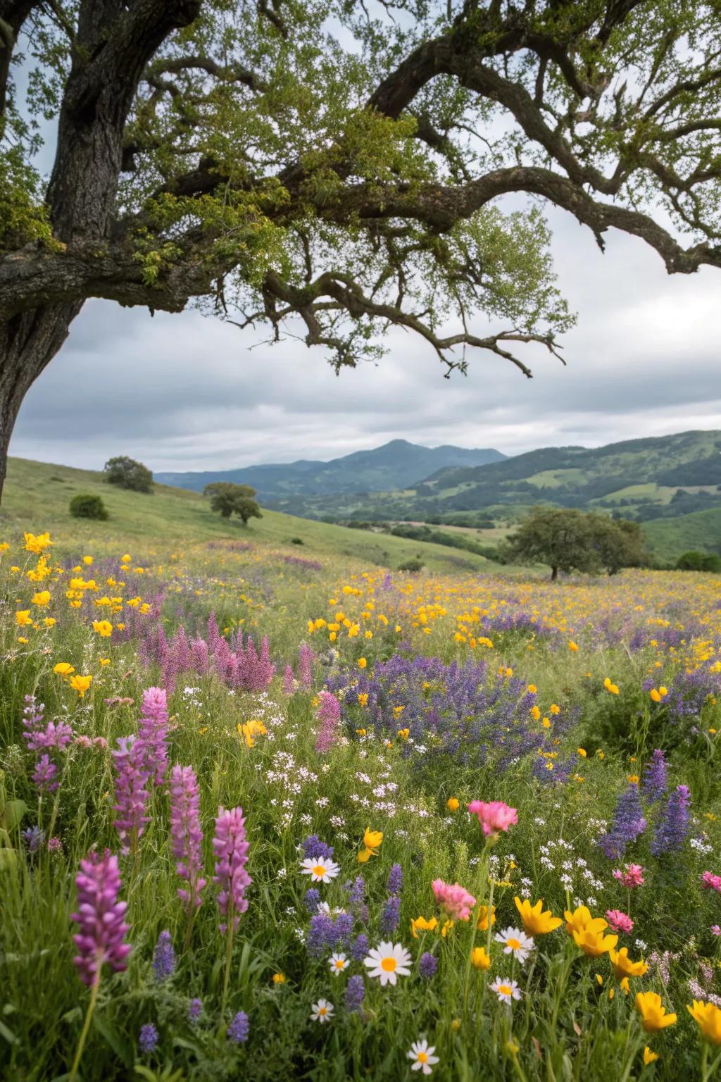 A wildflower meadow brings vibrant life under the tree.