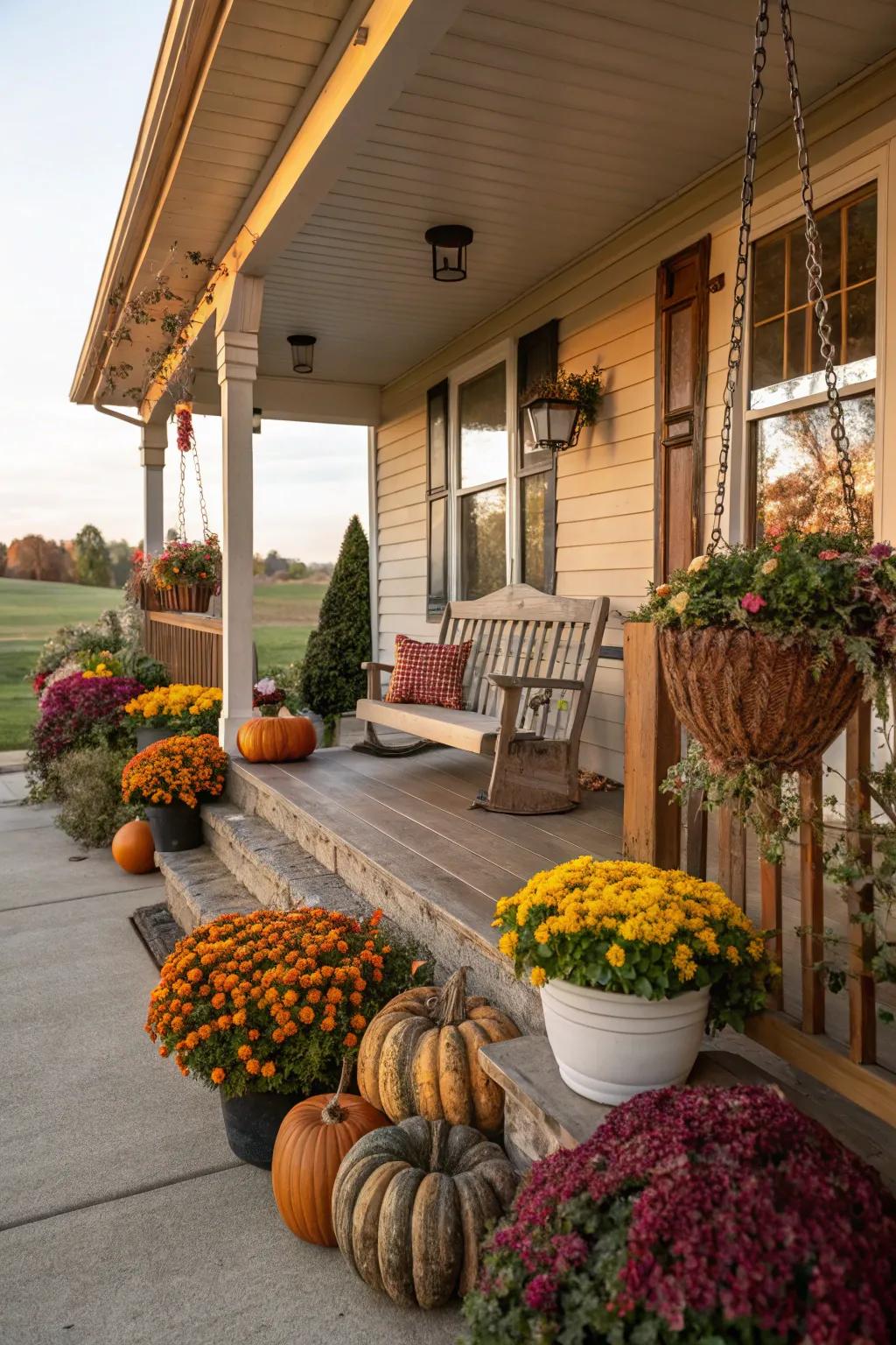 Seasonal decor keeps the porch lively and engaging.