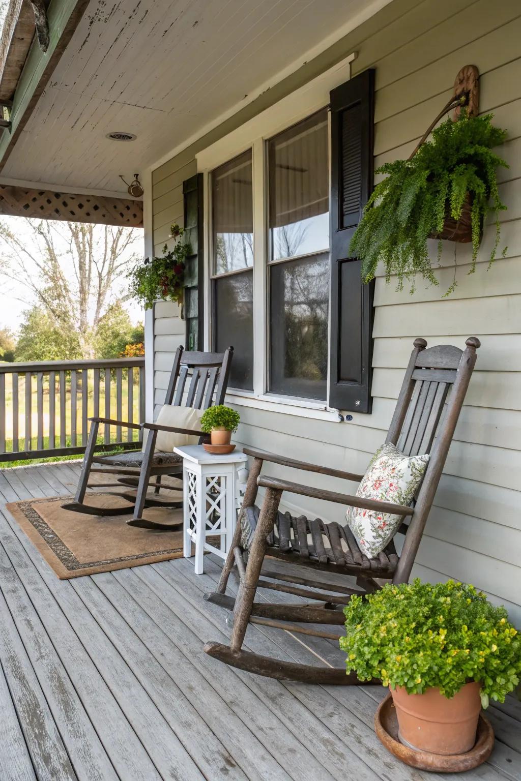 A cozy corner with rocking chairs and lush plants.