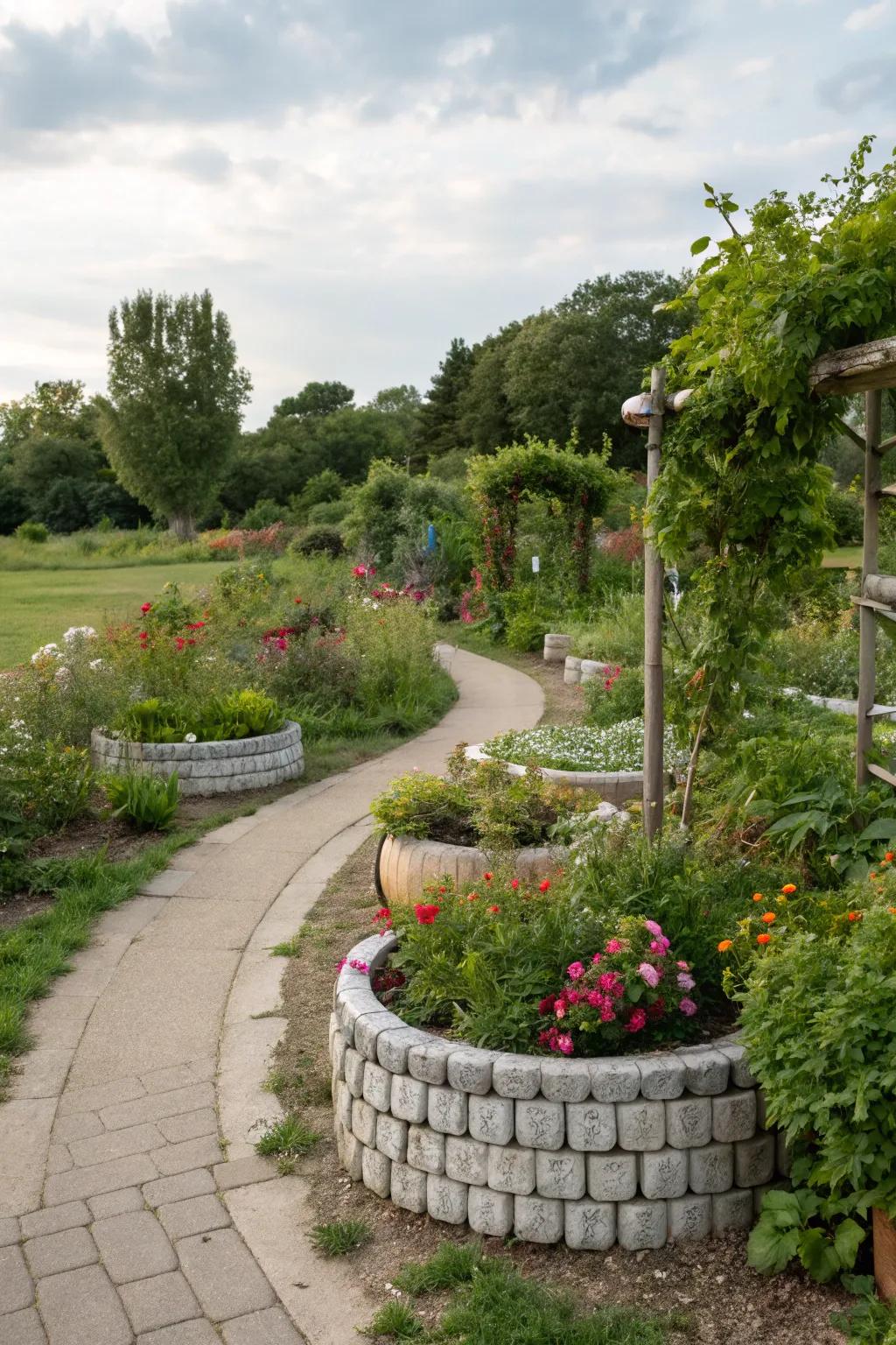 Innovative use of reclaimed materials in garden design.