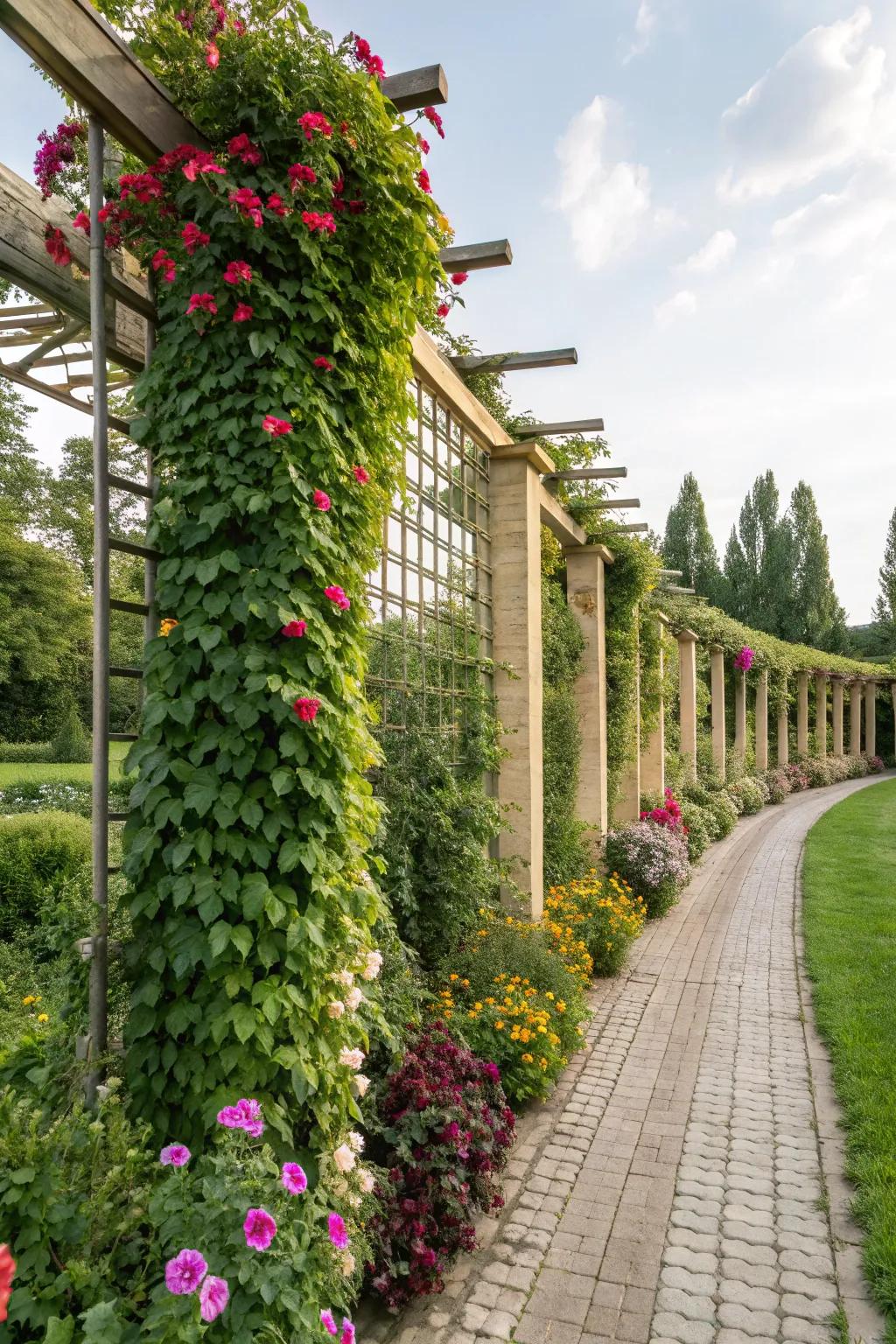 Lush greenery flourishing on vertical garden structures.