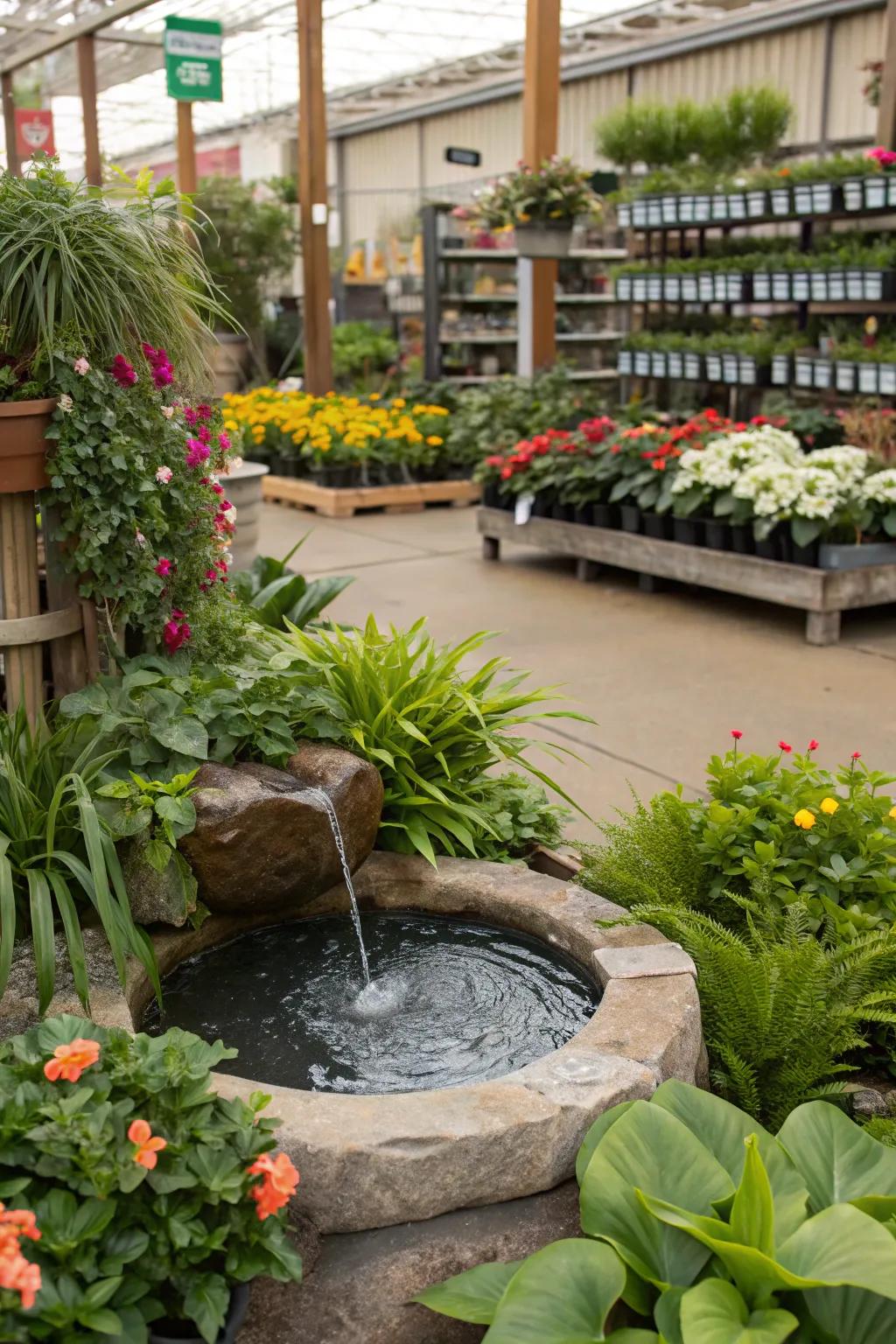 Calm water feature adding peaceful ambiance.
