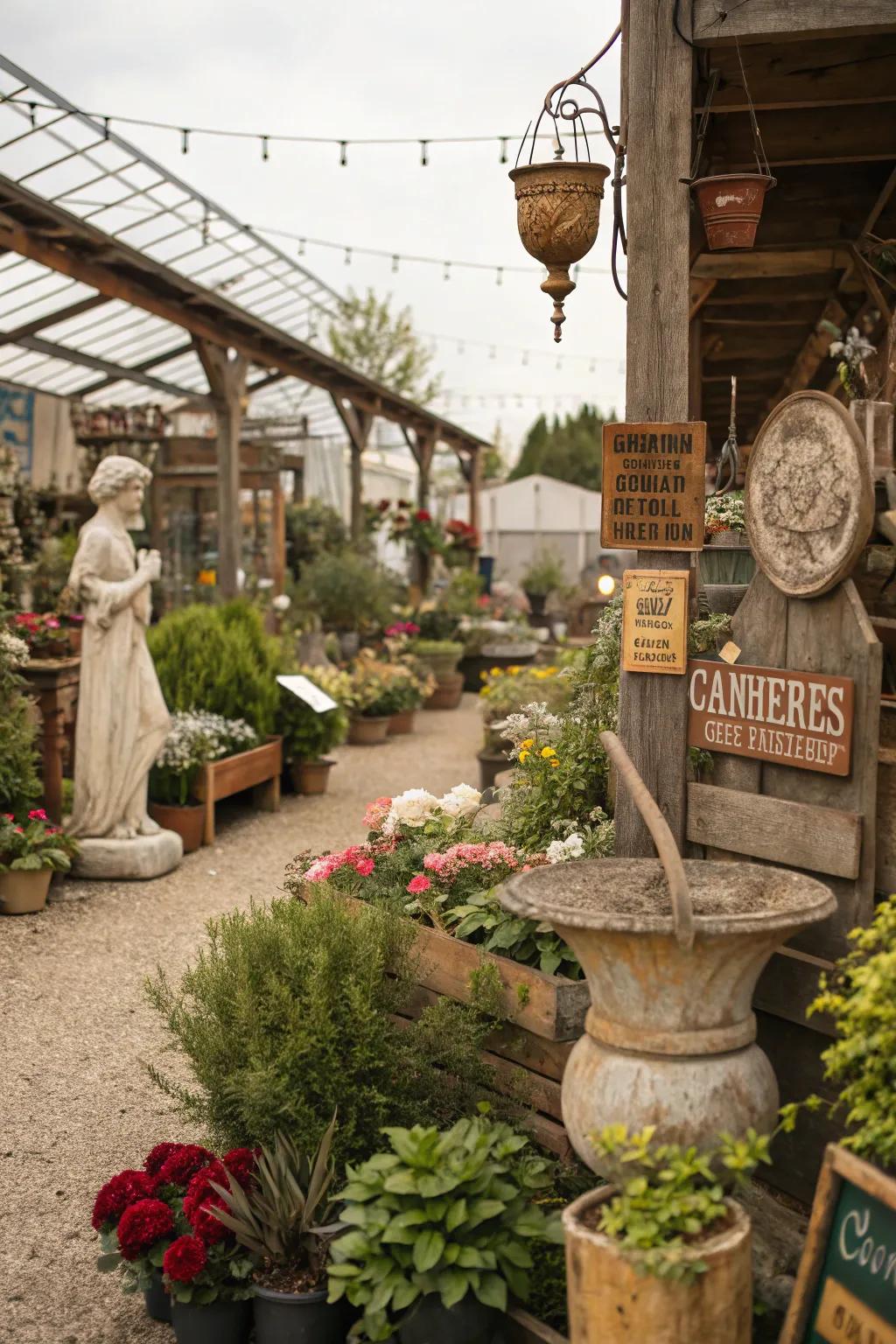 Rustic garden decor featuring vintage implements and sculptures.