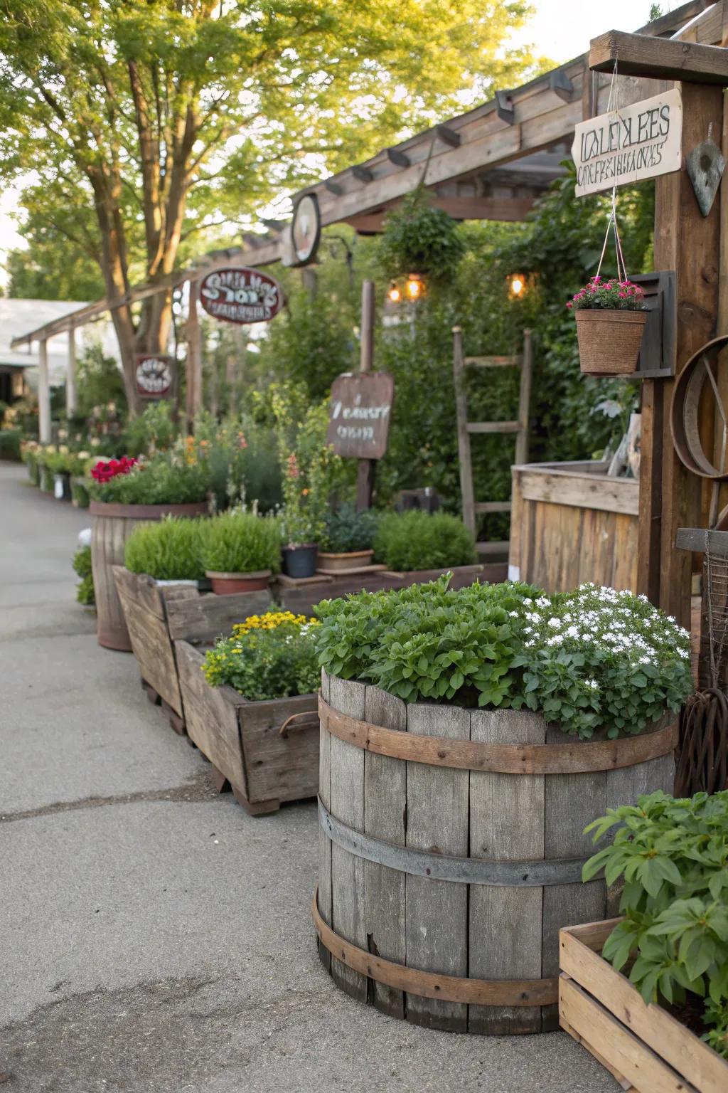 Upcycled materials adding rustic charm and sustainability.