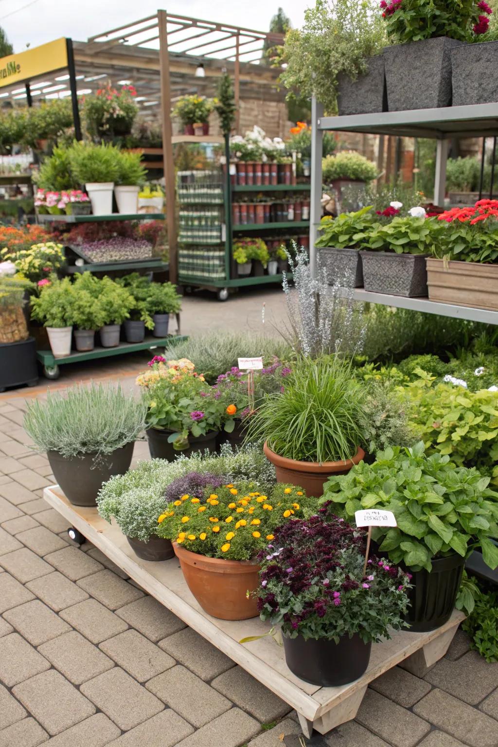 Diverse arrangement of modern container gardens.