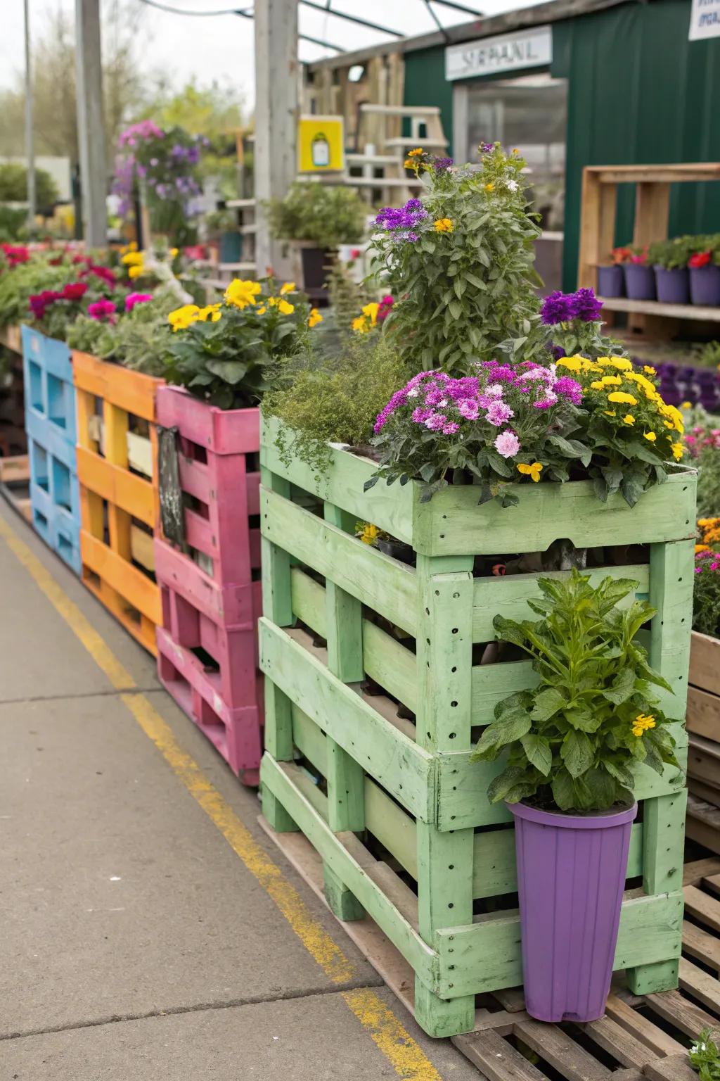 Repurposed, vibrantly painted pallets serving as plant stands.