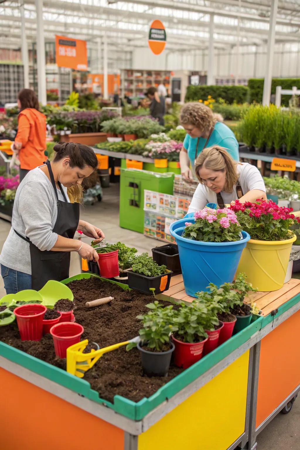Engaging DIY potting stations inviting active participation.