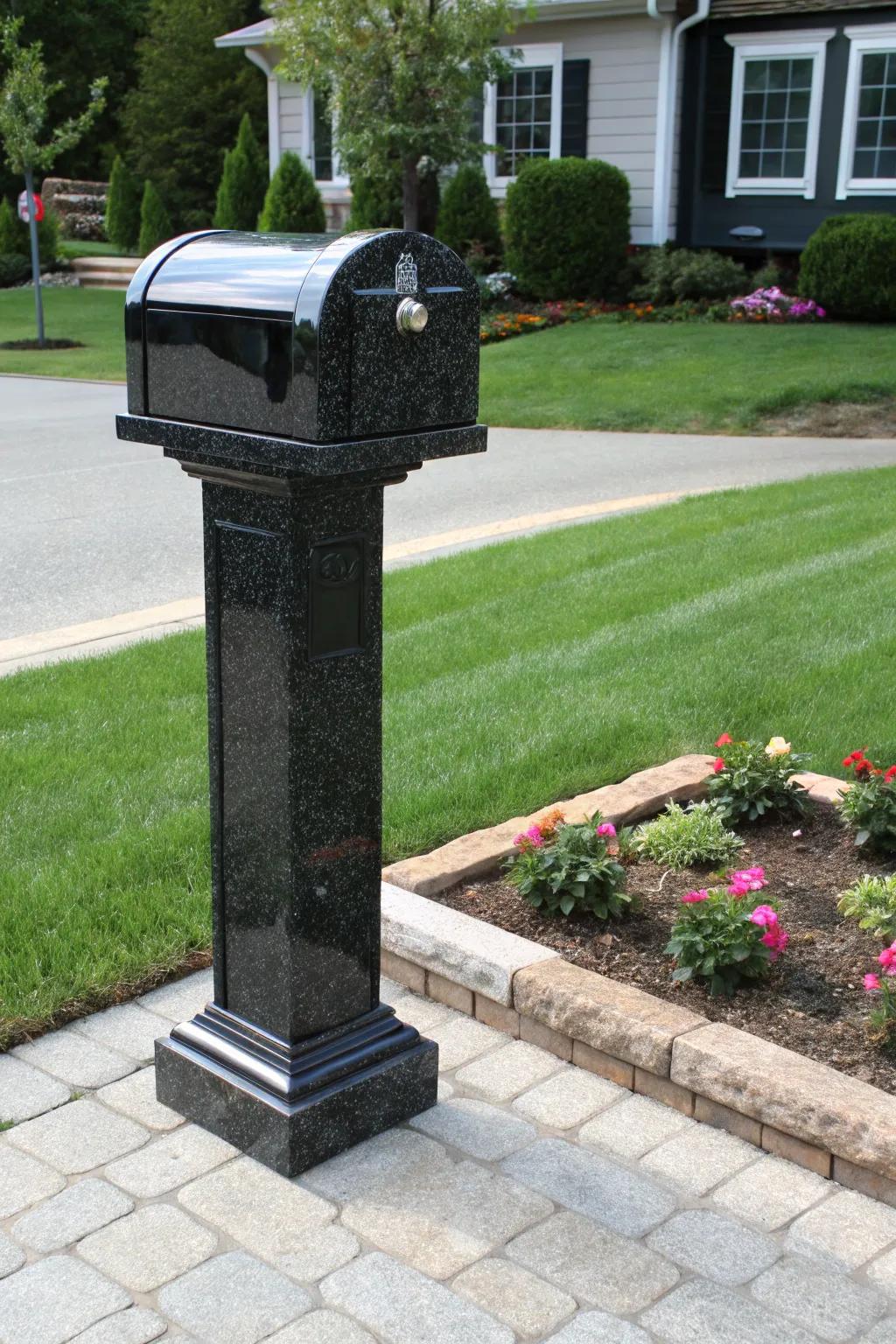 A granite mailbox post that exudes timeless luxury.