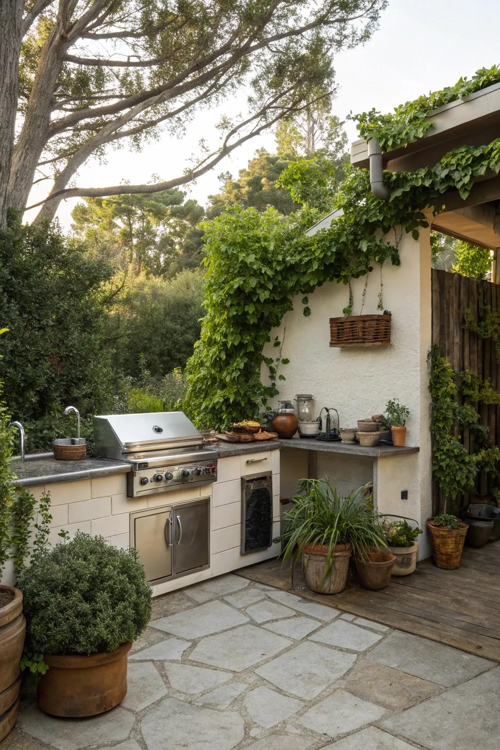 Bring vibrancy to your outdoor kitchen with green plant accents.