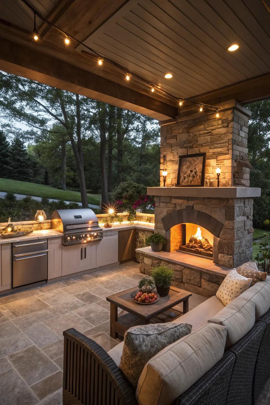 Add warmth and ambiance with an inviting outdoor fireplace.