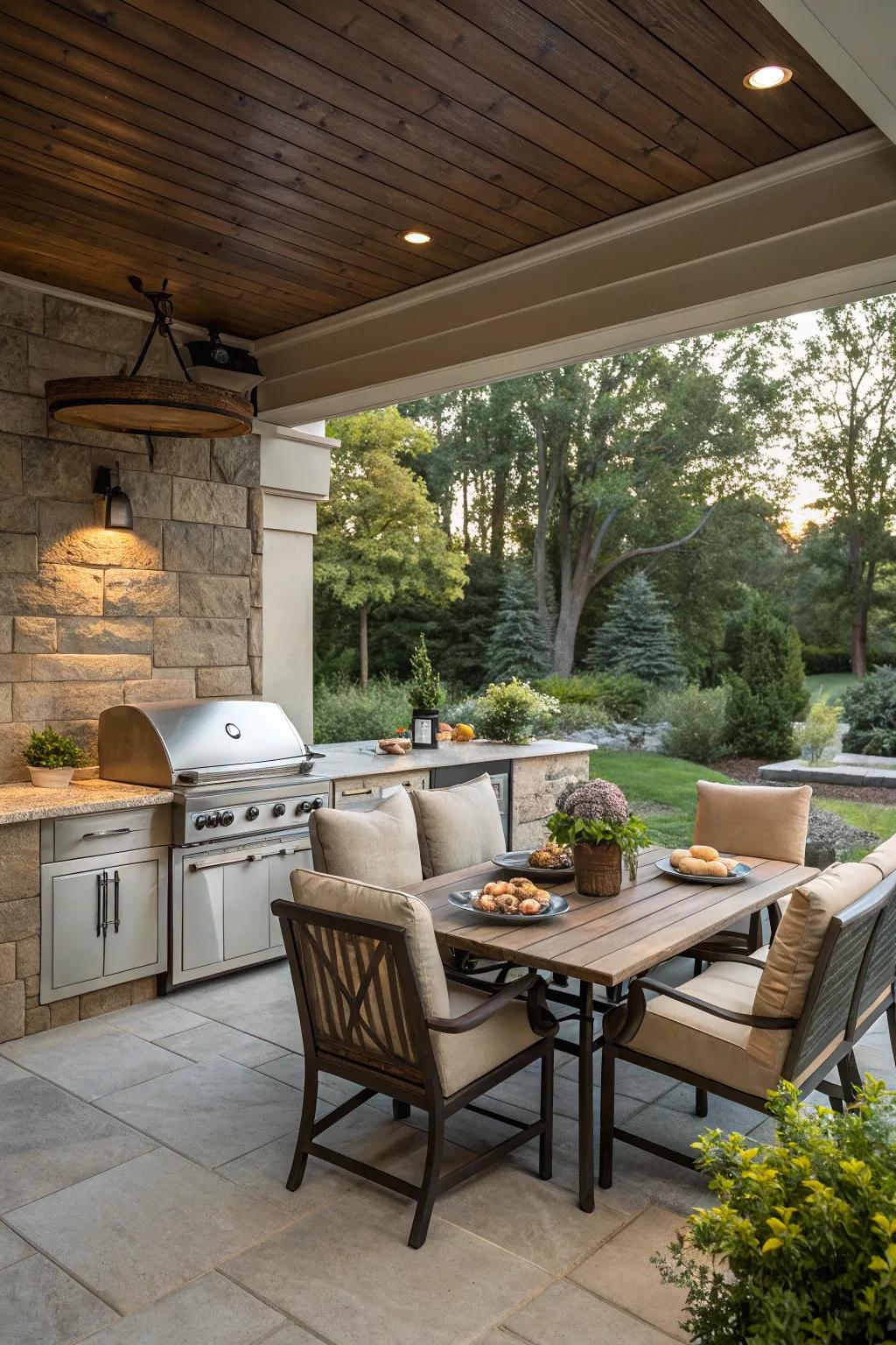 Incorporate seating to promote social interaction in your outdoor kitchen.