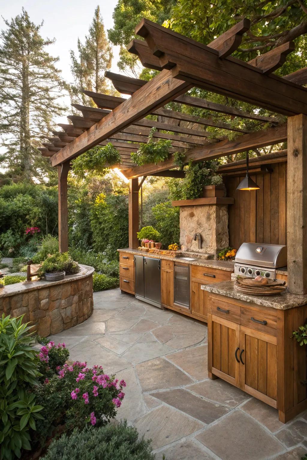 Rustic wood brings cozy textures to your outdoor kitchen.