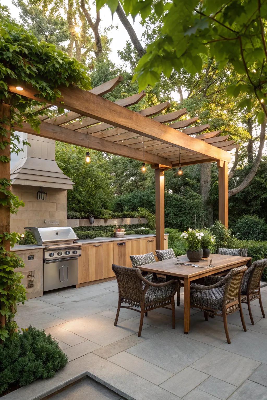 Pergolas offer functional shade and add charm to outdoor culinary spaces.