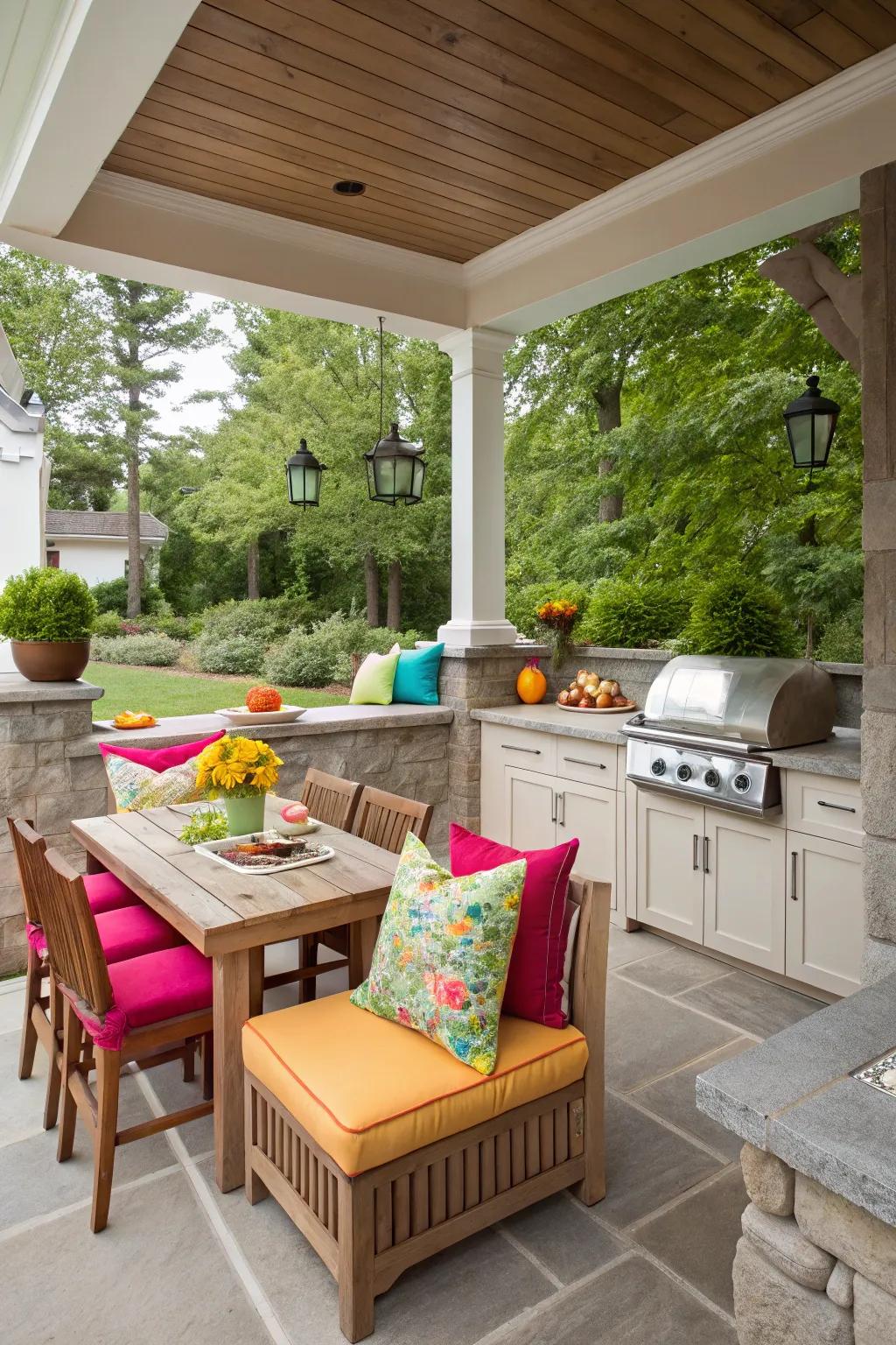 Using energetic colors enlivens your outdoor kitchen atmosphere.