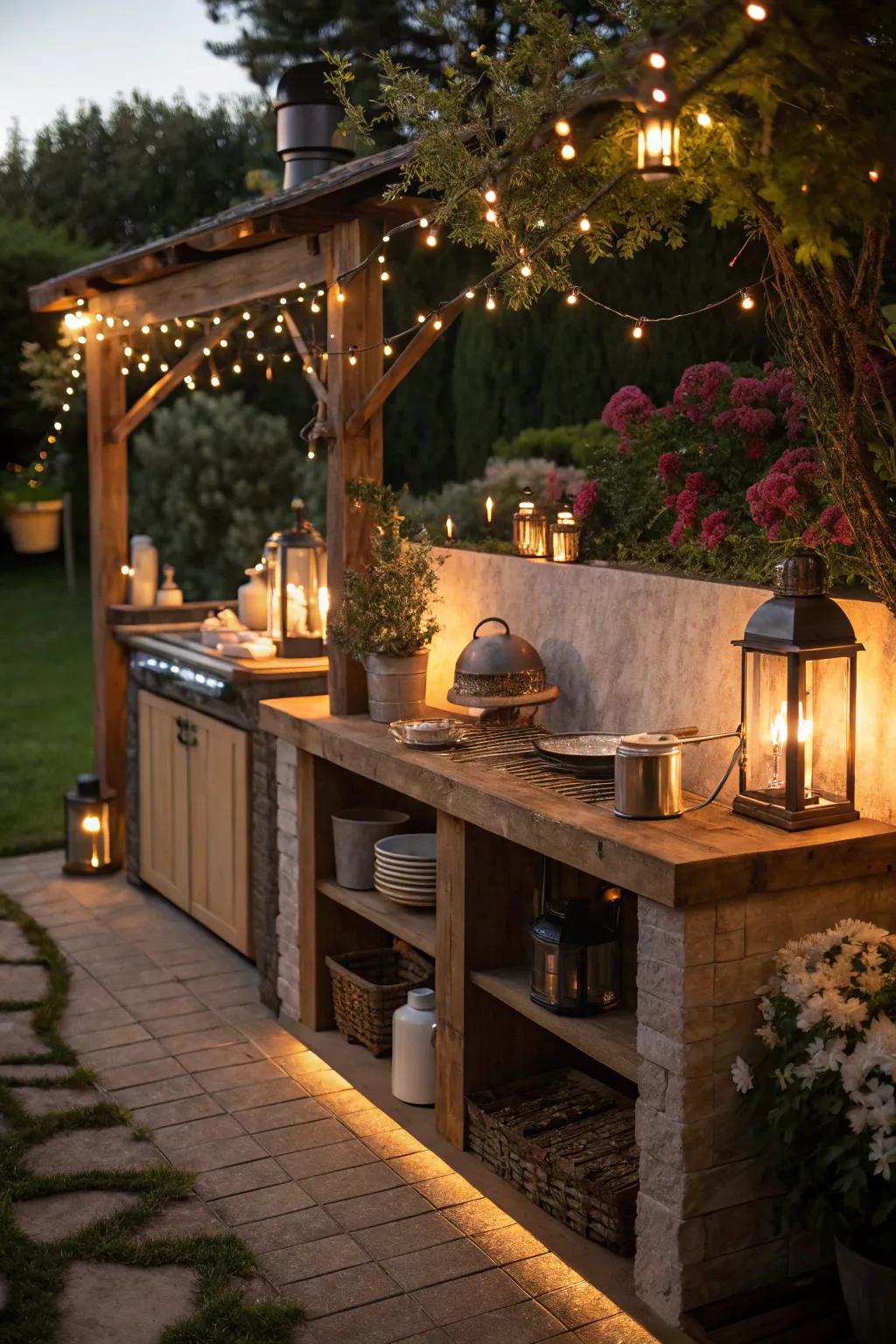 Creative lighting elevates your outdoor kitchen's warmth and usability.