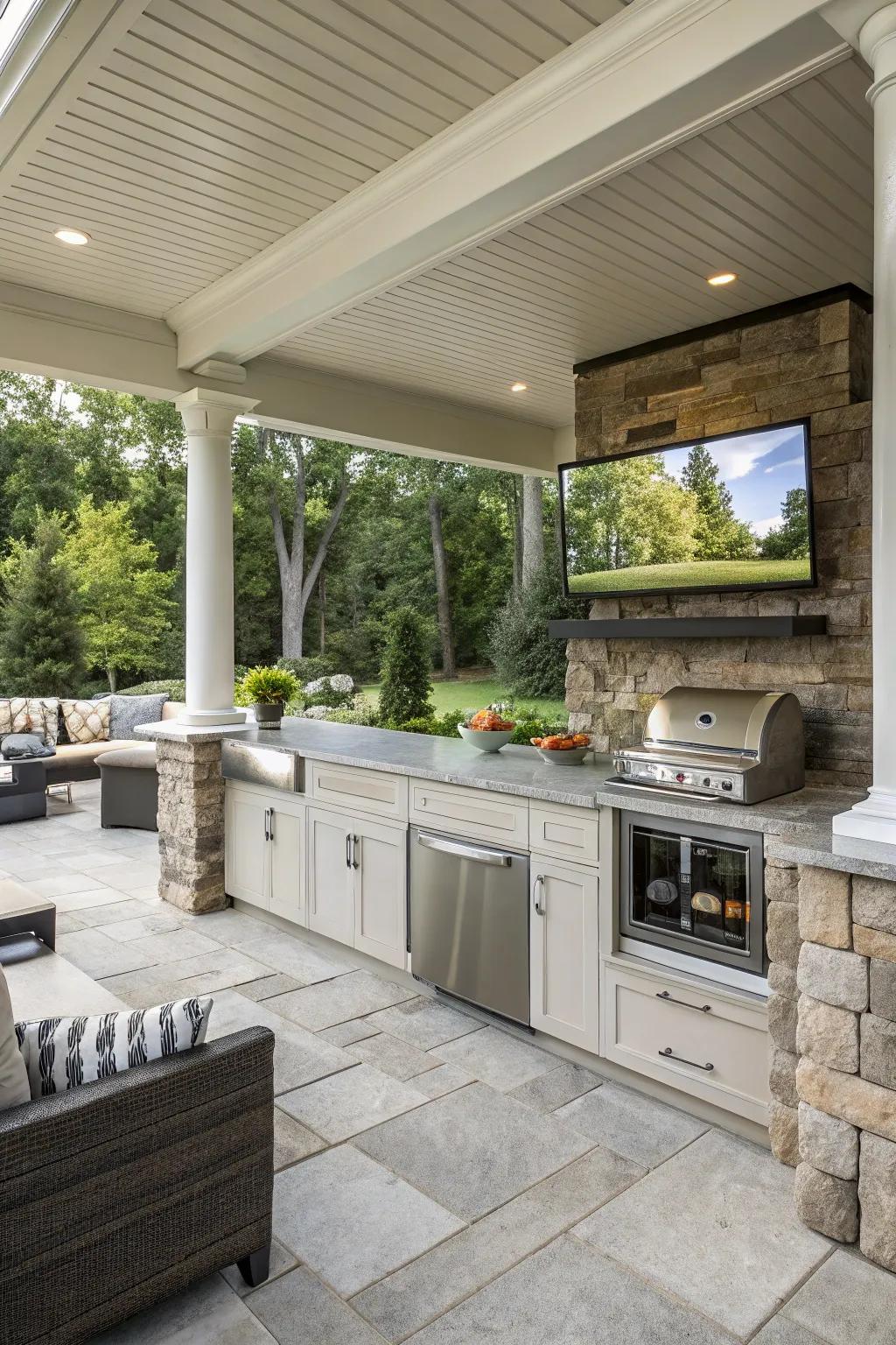 Integrate entertainment elements for a lively outdoor kitchen space.