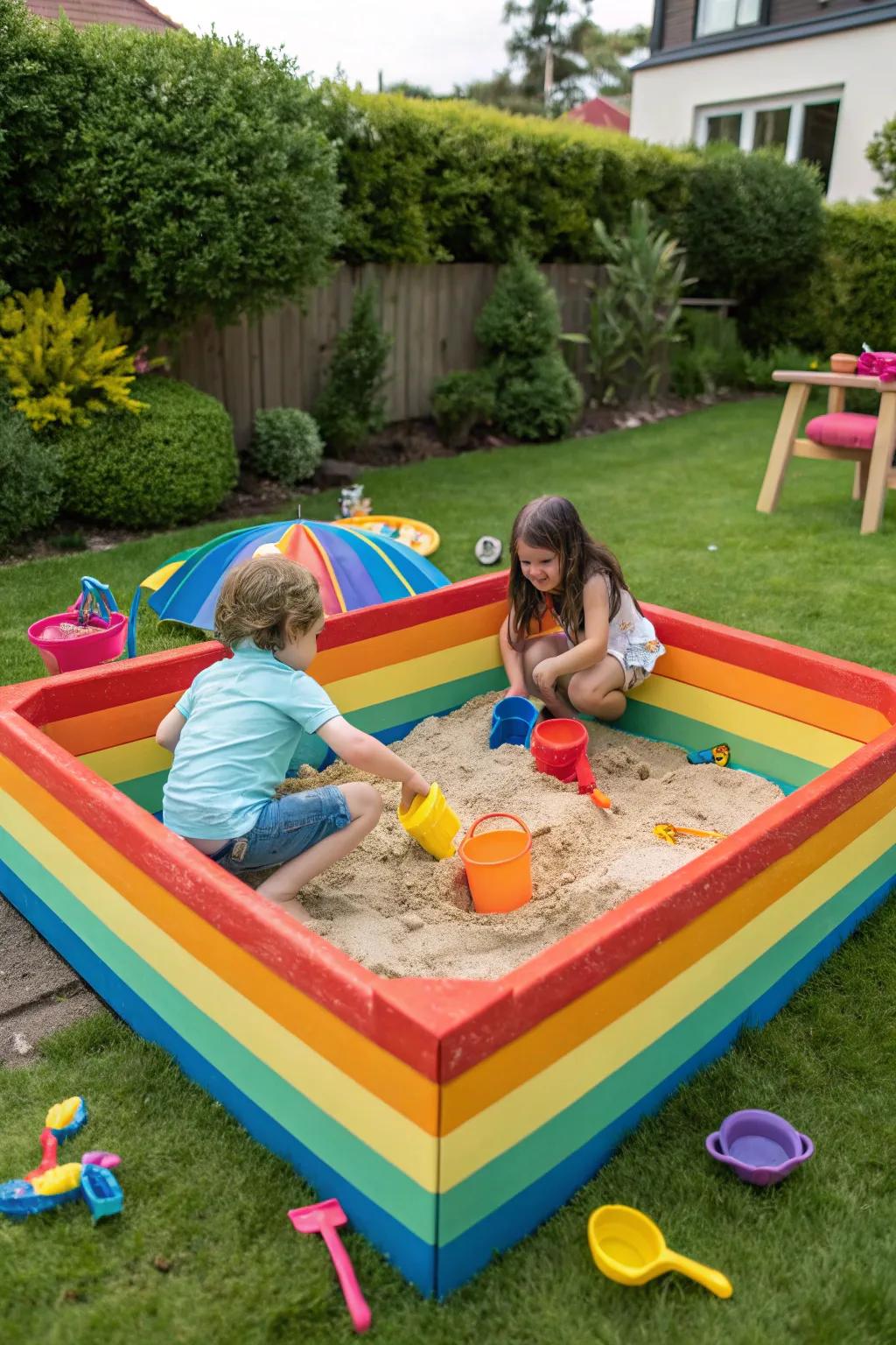A vibrant rainbow sandbox, adding color to playtime.