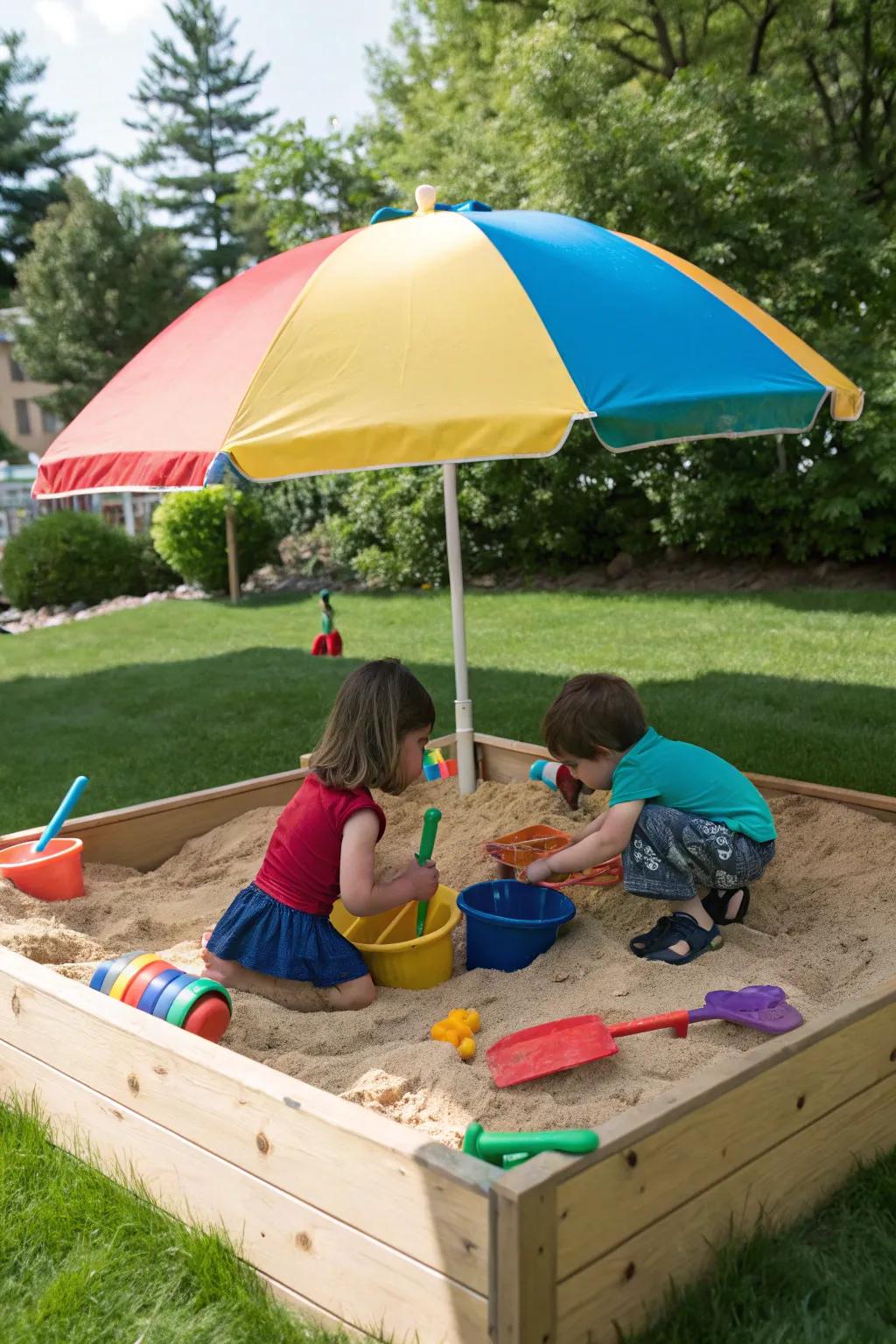 A shaded sandbox oasis, ensuring fun under the sun.