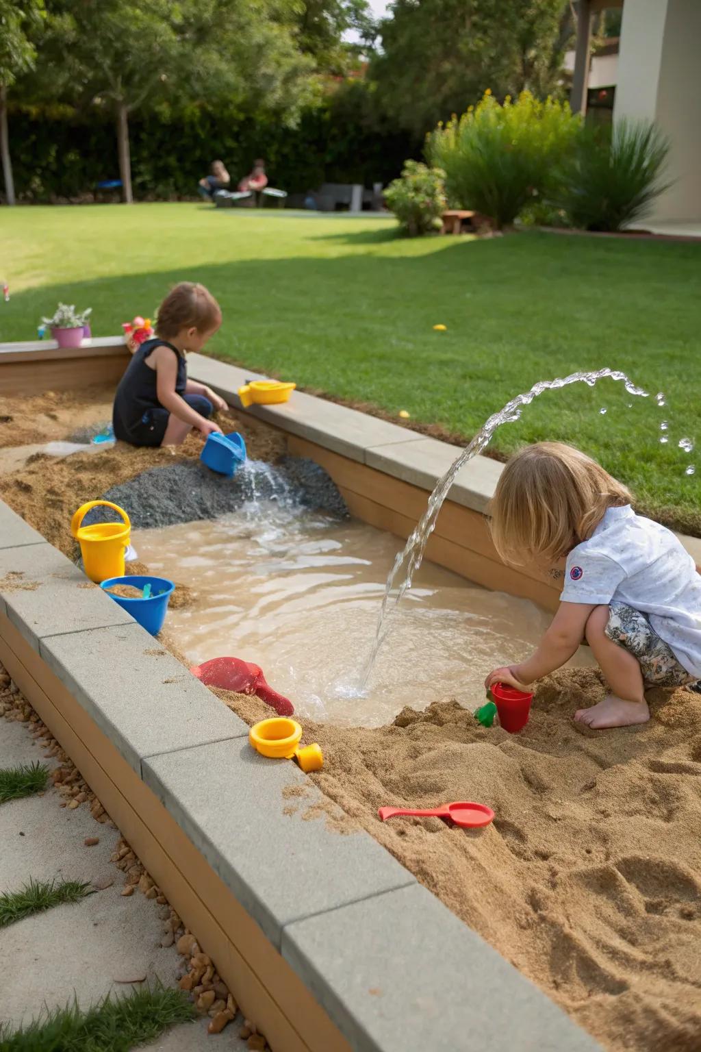 A delightful sandbox with an integrated water play area.