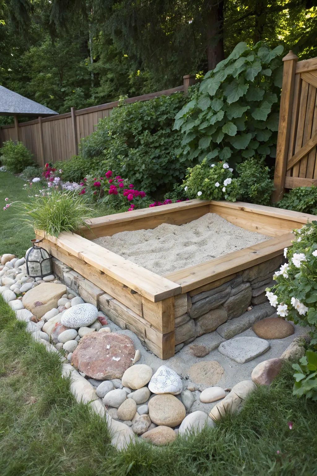 A beautifully crafted DIY sandbox, harmonizing with nature.