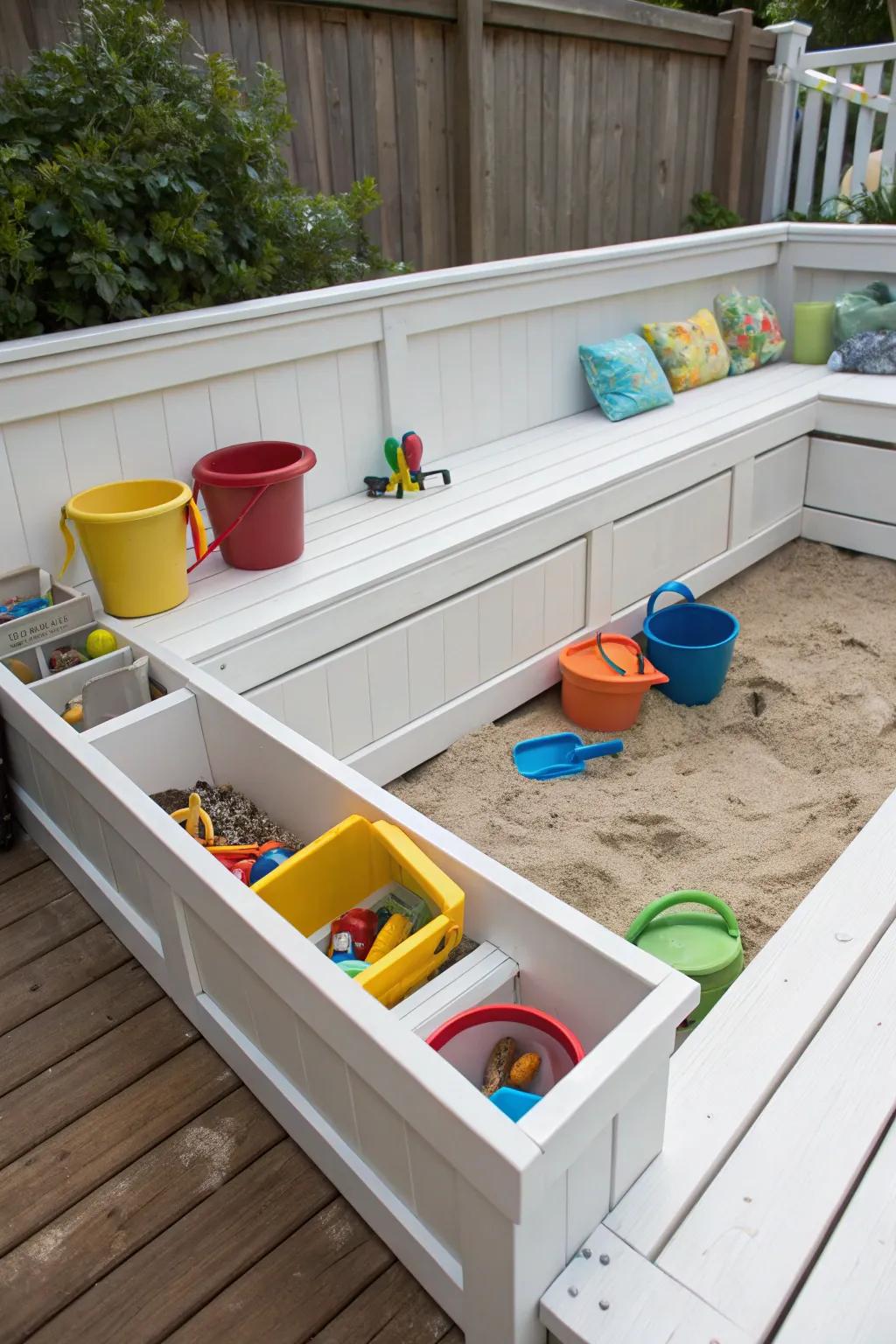 A tidy sandbox with handy storage solutions.